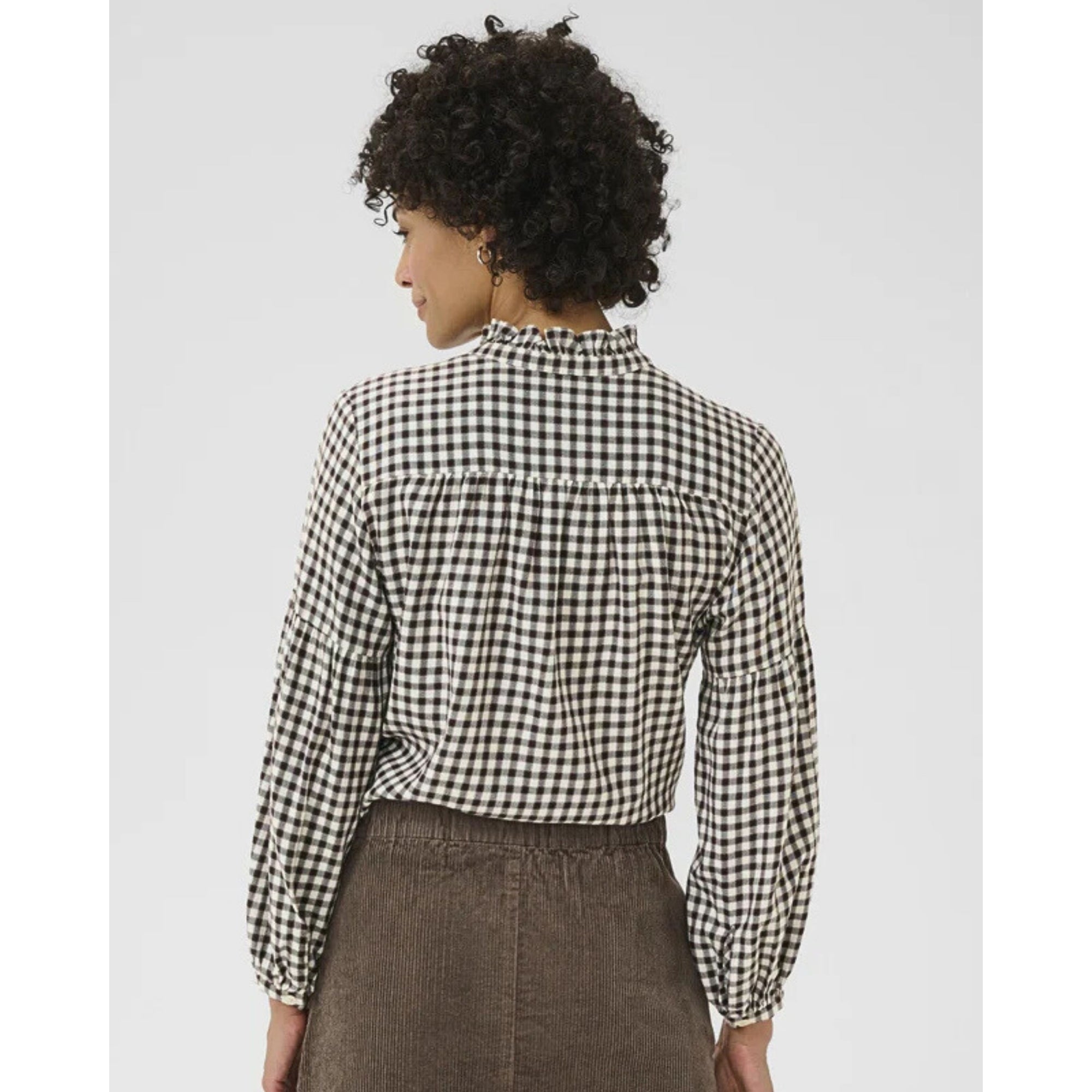 Part Two Samilla Gingham Frill Neck Blouse With Balloon Sleeve Brown/ecru