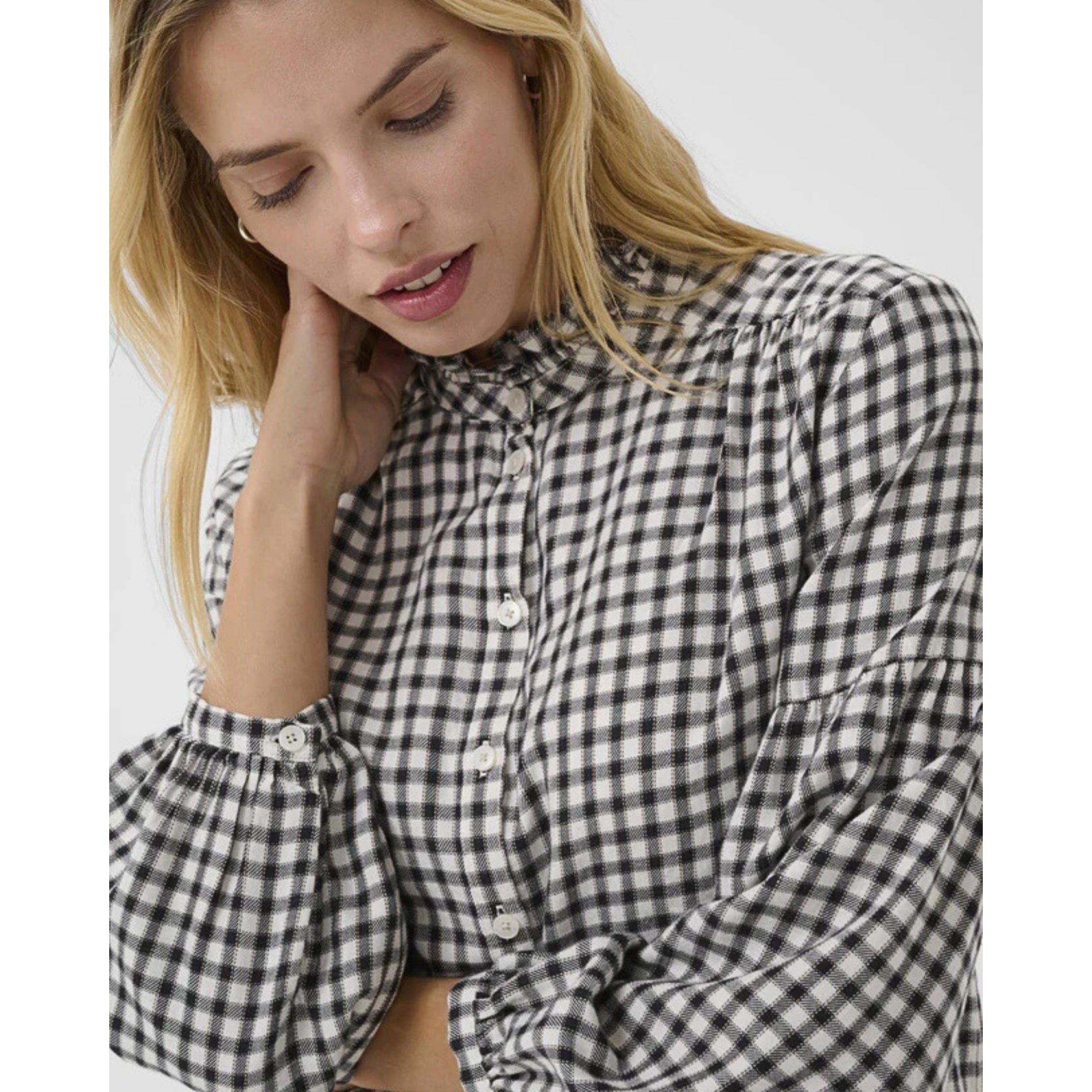 Part Two Samilla Gingham Frill Neck Blouse With Balloon Sleeve Dark Navy/ecru