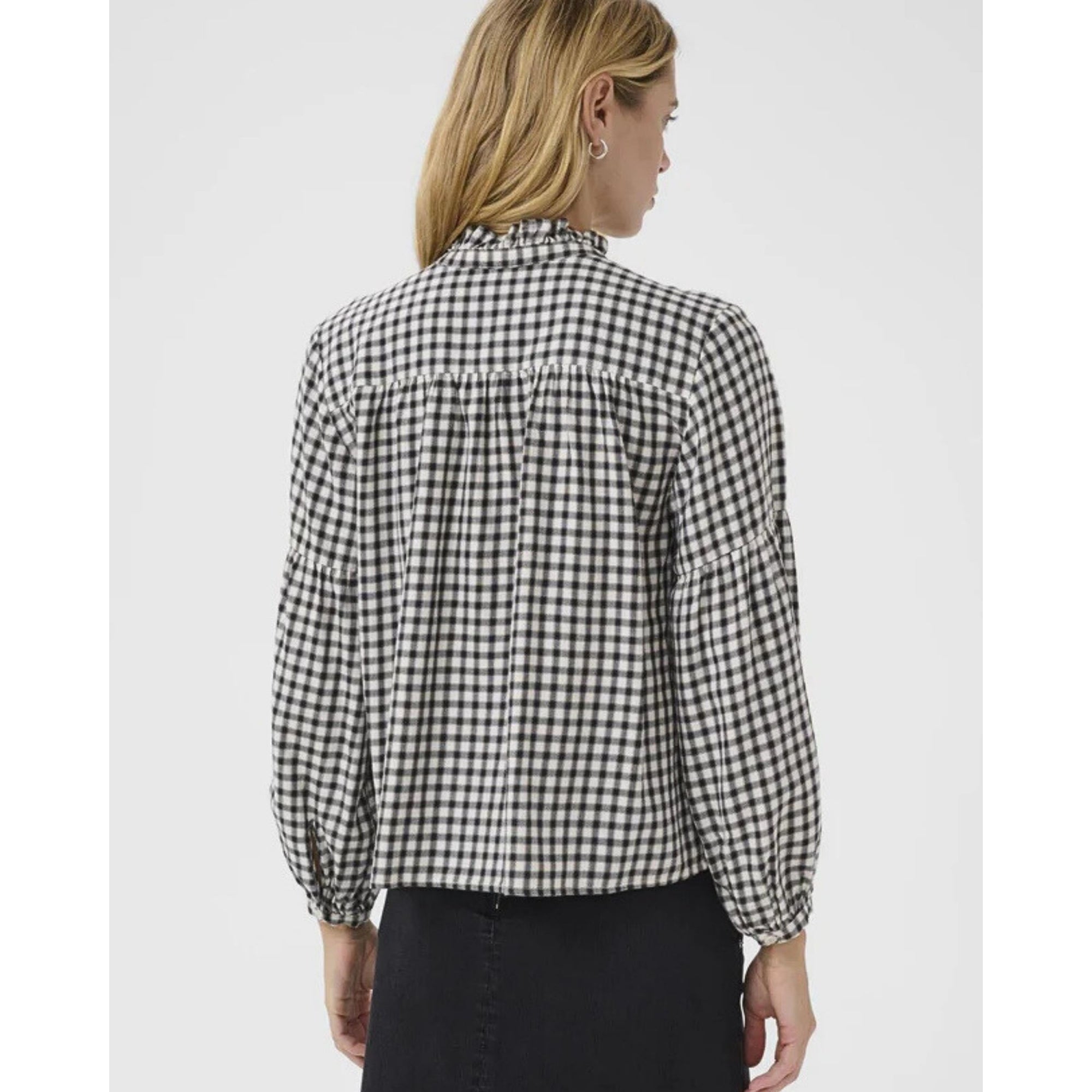 Part Two Samilla Gingham Frill Neck Blouse With Balloon Sleeve Dark Navy/ecru