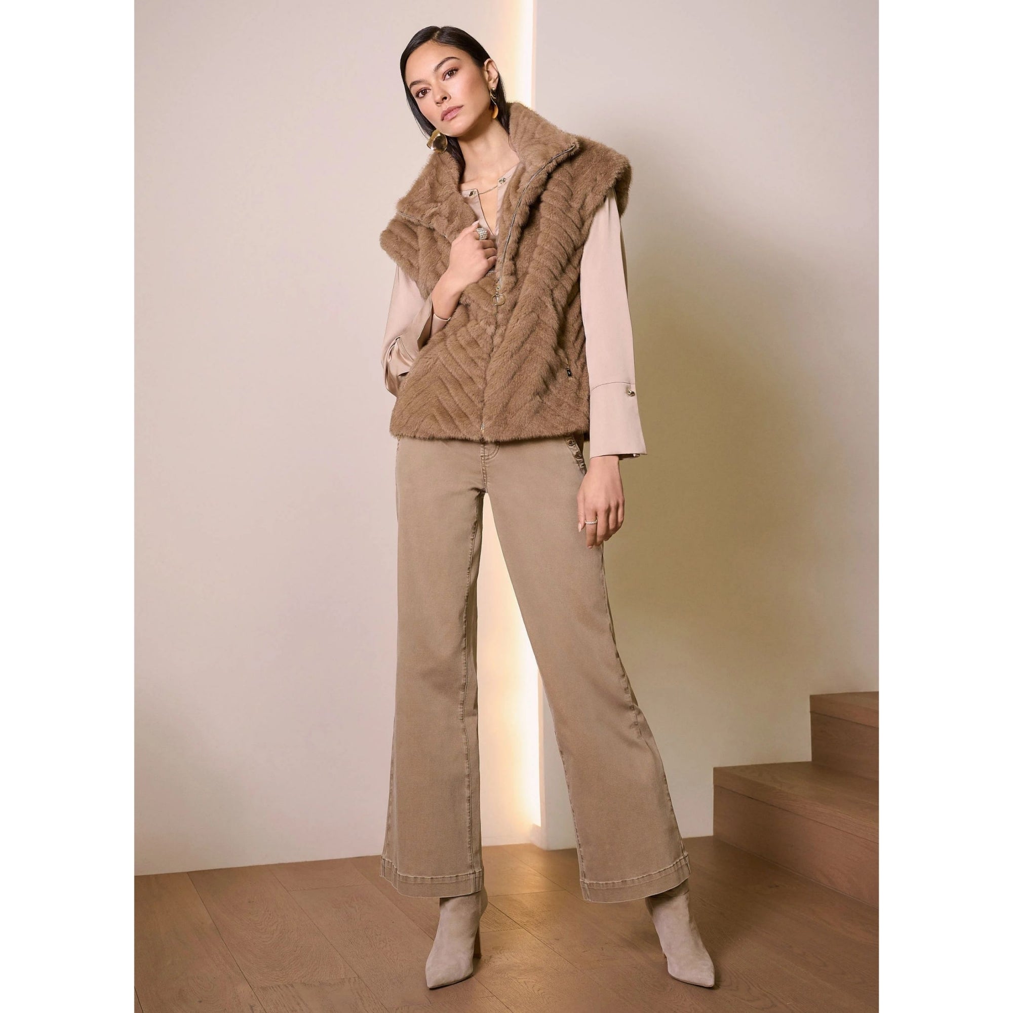 Joseph Ribkoff Wide Leg Pull On Jean With Button Pocket Taupe