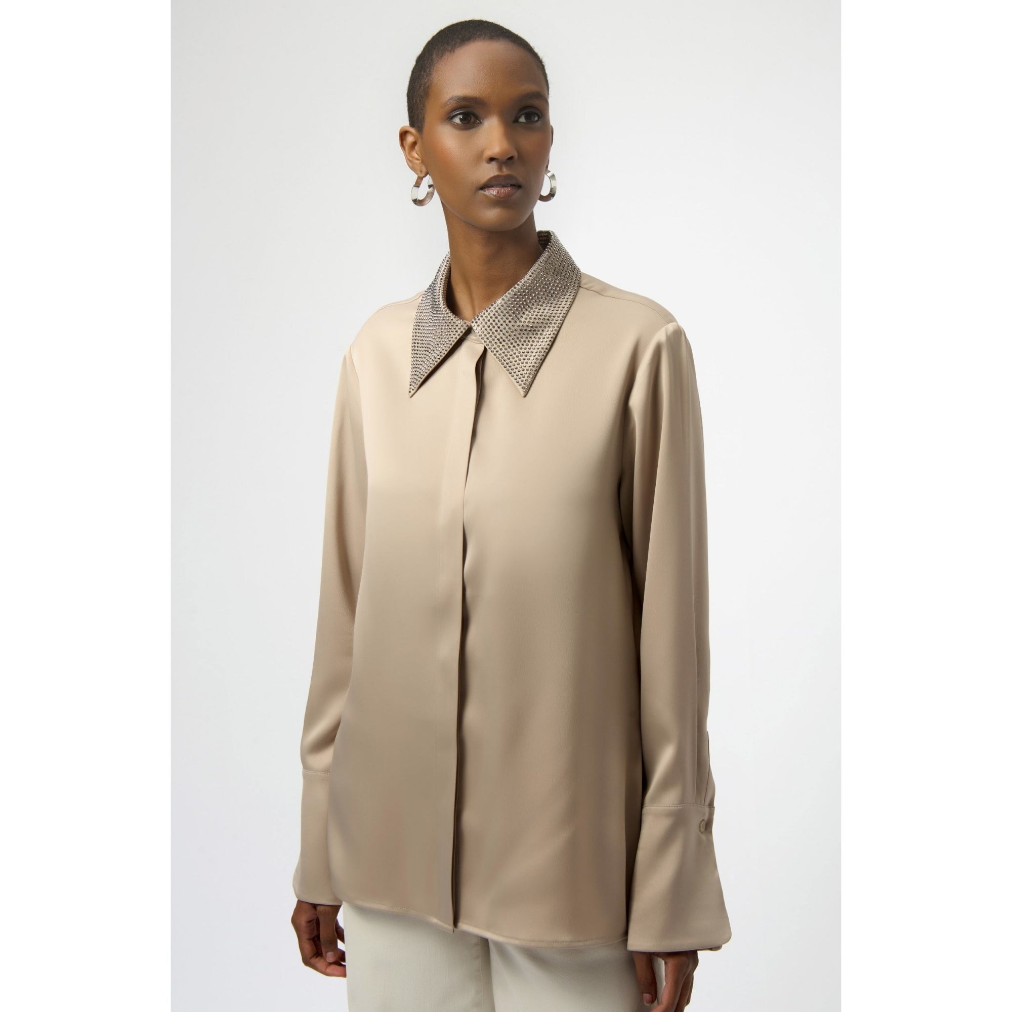 Joseph Ribkoff Satin Blouse With Studded Collar Taupe