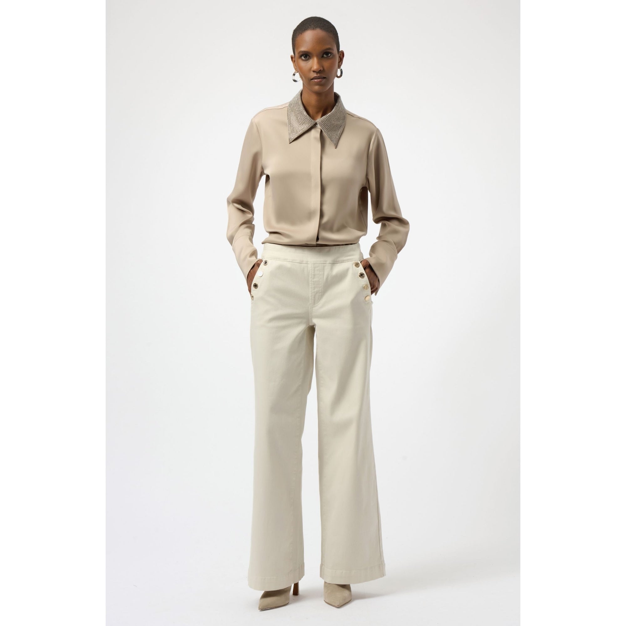Joseph Ribkoff Satin Blouse With Studded Collar Taupe
