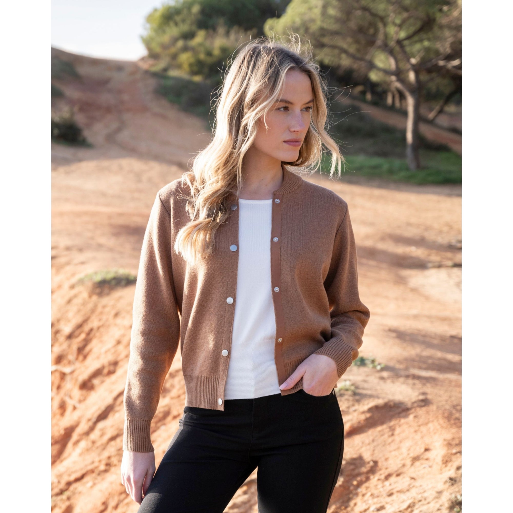 Marble Fashions Knitted Bomber Jacket With Rib Trim Camel 208