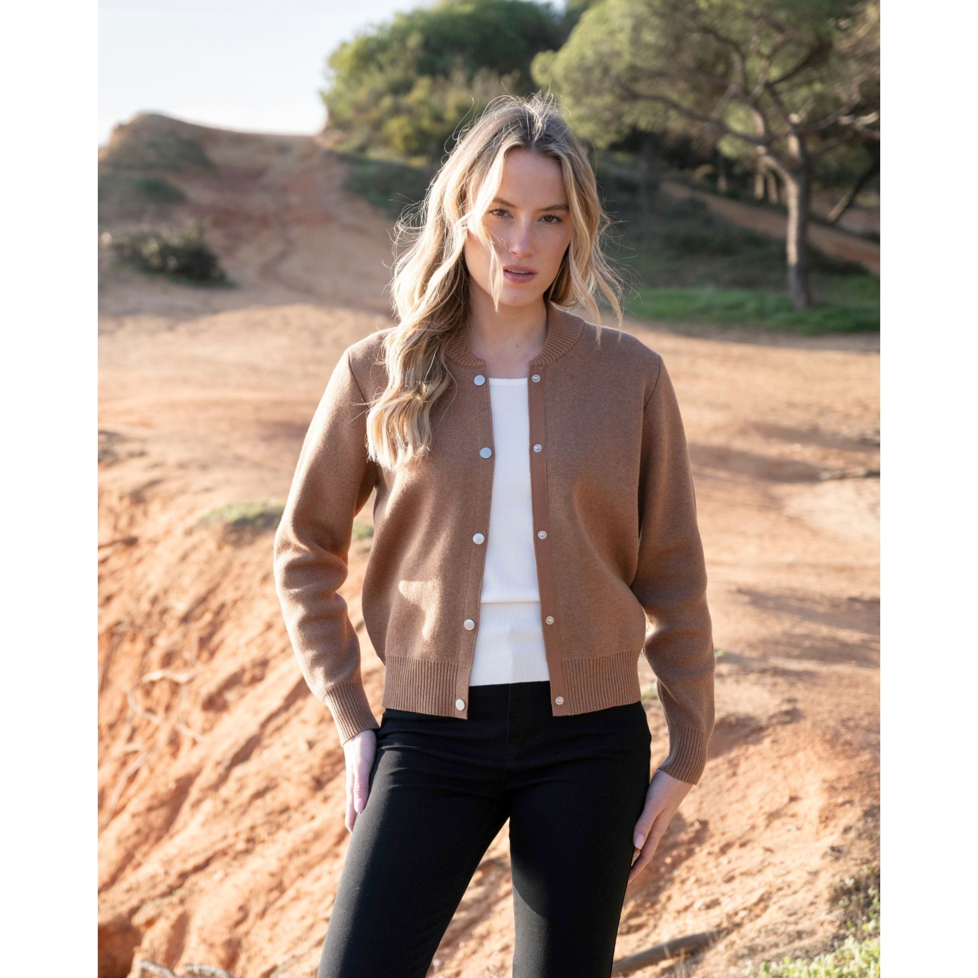 Marble Fashions Knitted Bomber Jacket With Rib Trim Camel 208