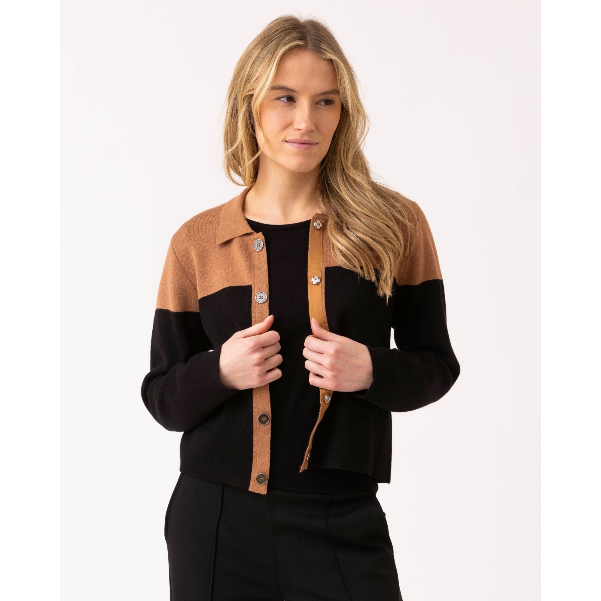 Marble Fashions Short Colour Block Collared Cardigan Camel/black 208