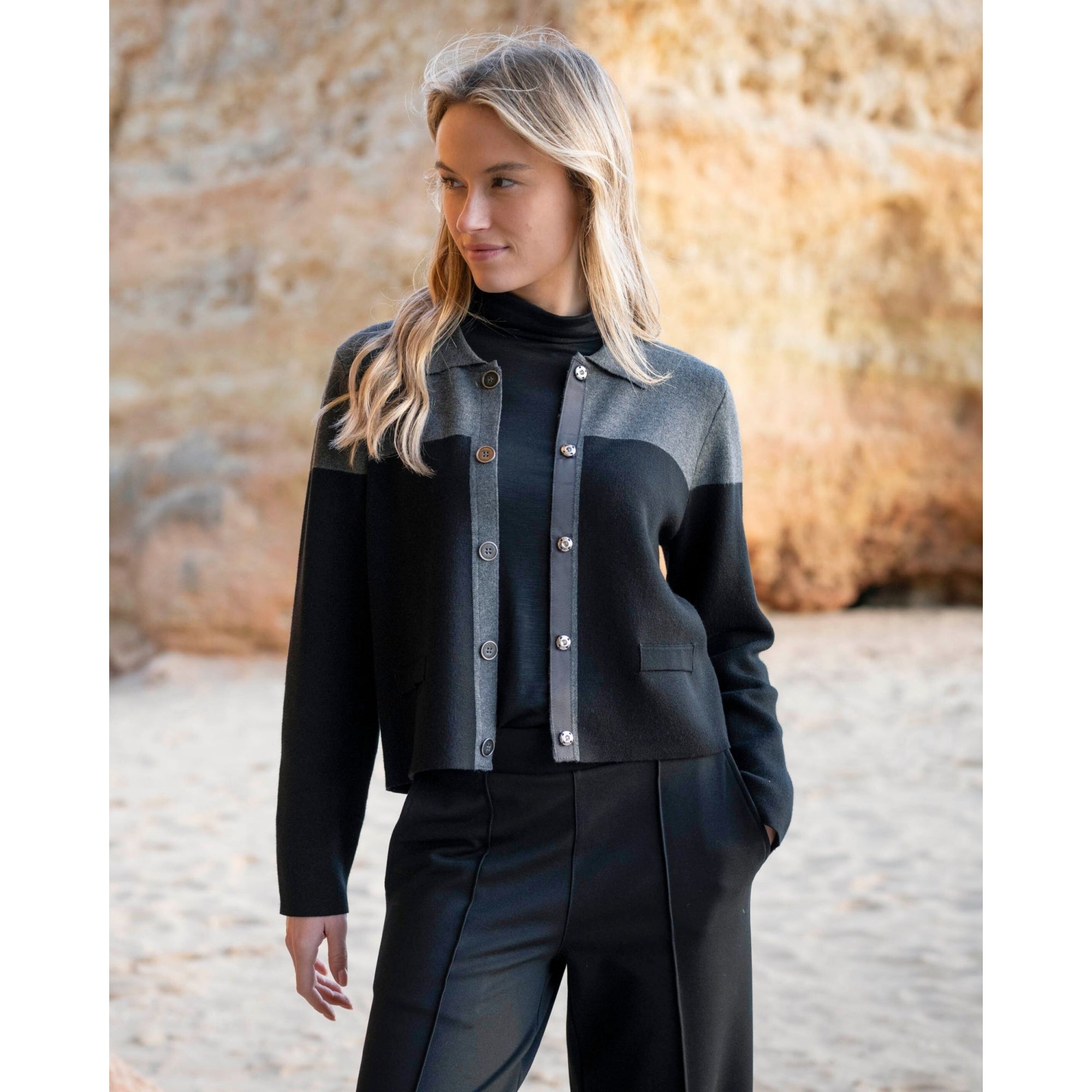 Marble Fashions Short Colour Block Collared Cardigan Black/charcoal 105