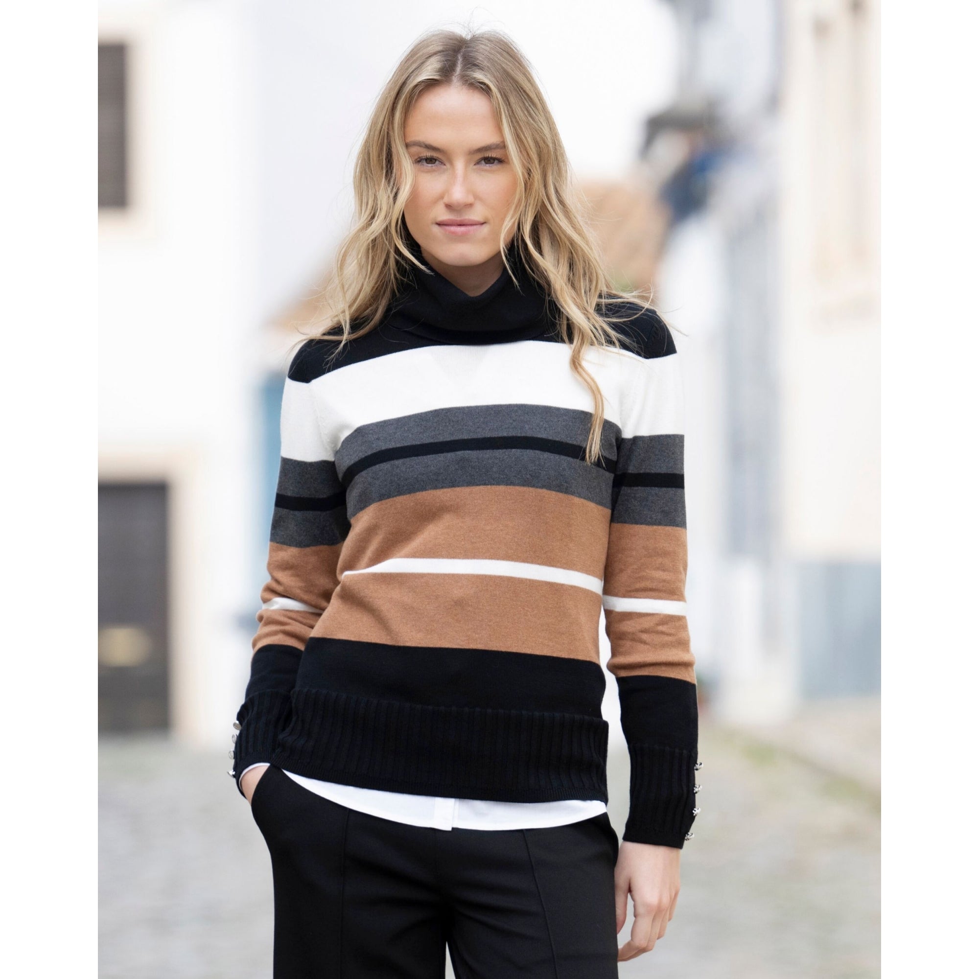 Marble Fashions Fitted Stripe Roll Neck Jumper Black/Camel/White