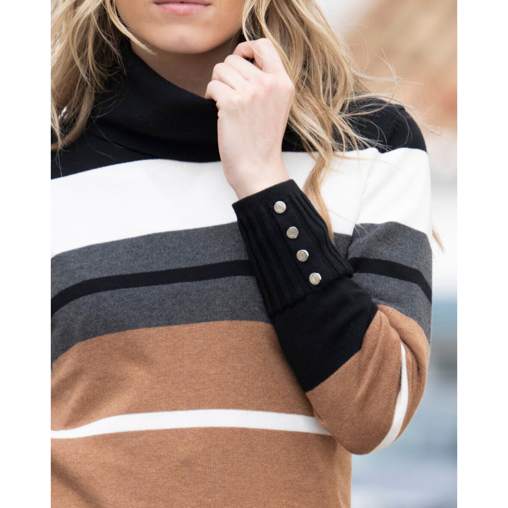 Marble Fashions Fitted Stripe Roll Neck Jumper Black/Camel/White