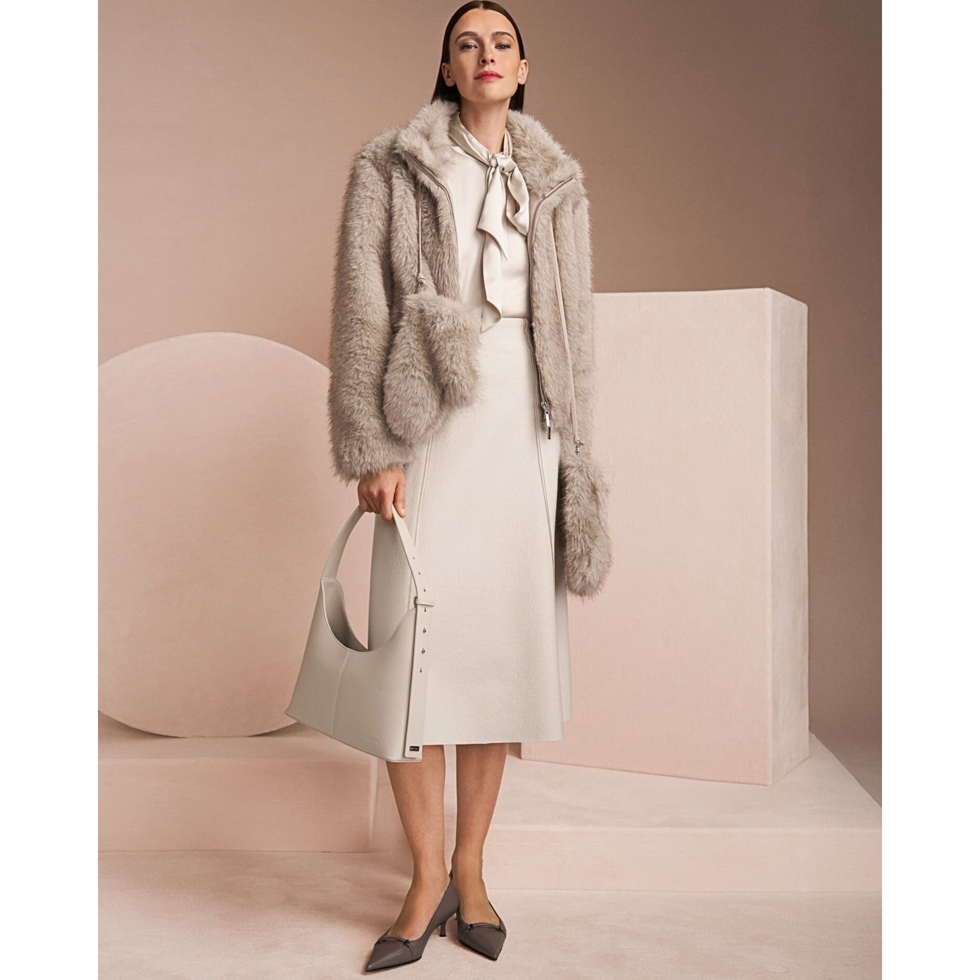 Marc Cain City Tour Faux Fur Jacket With High Collar Smoke