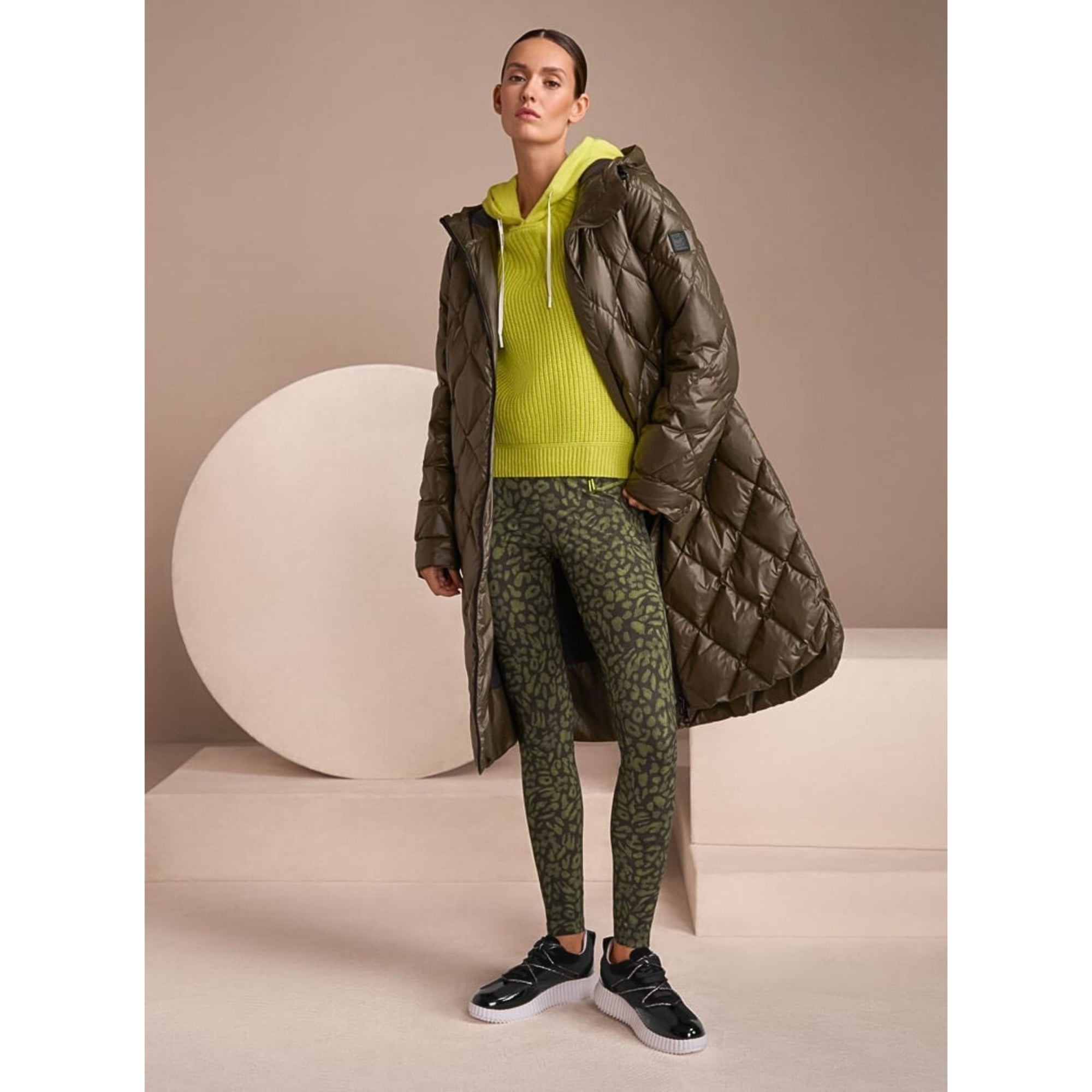 Marc Cain Leo Hike Diamond Stitch Quilted Long Coat Deep Olive