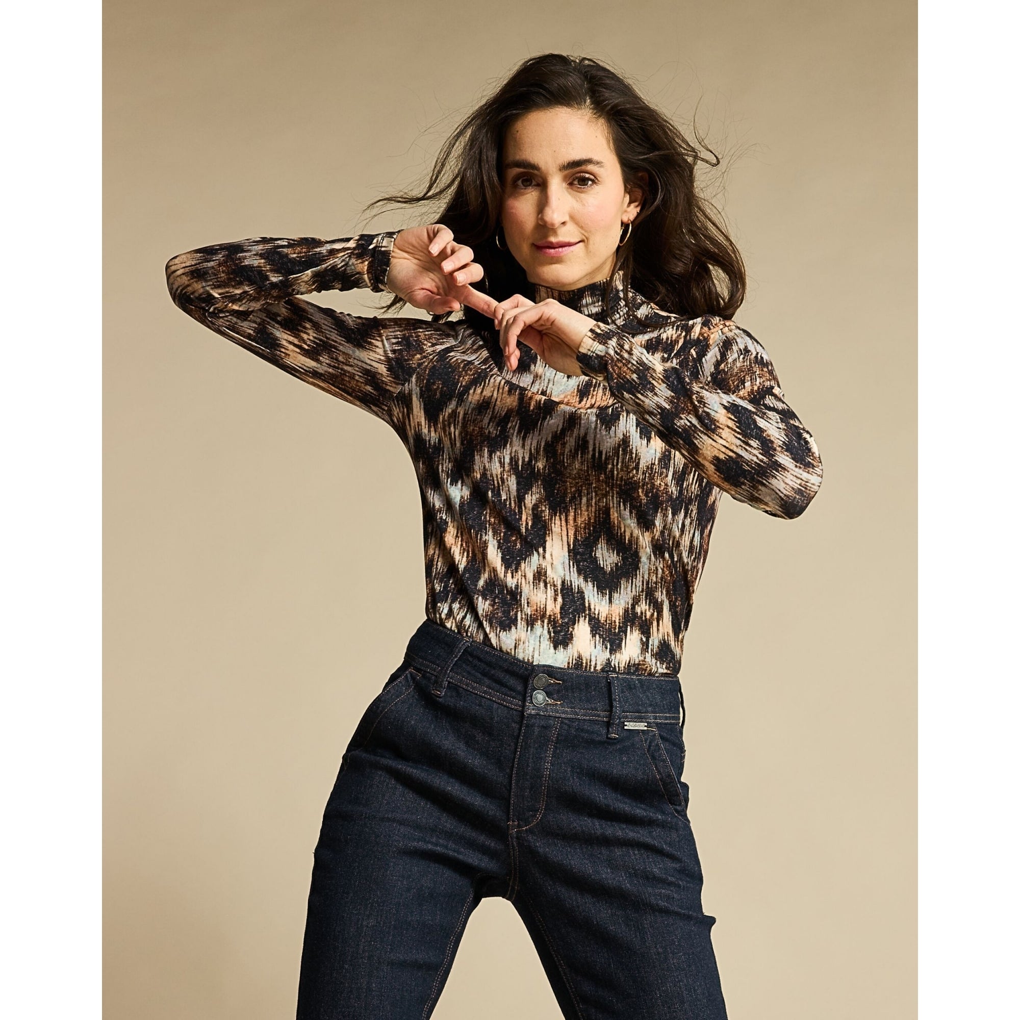 Red Button Rolinde Blurred Leopard Polo Neck Jersey Top Black/brown