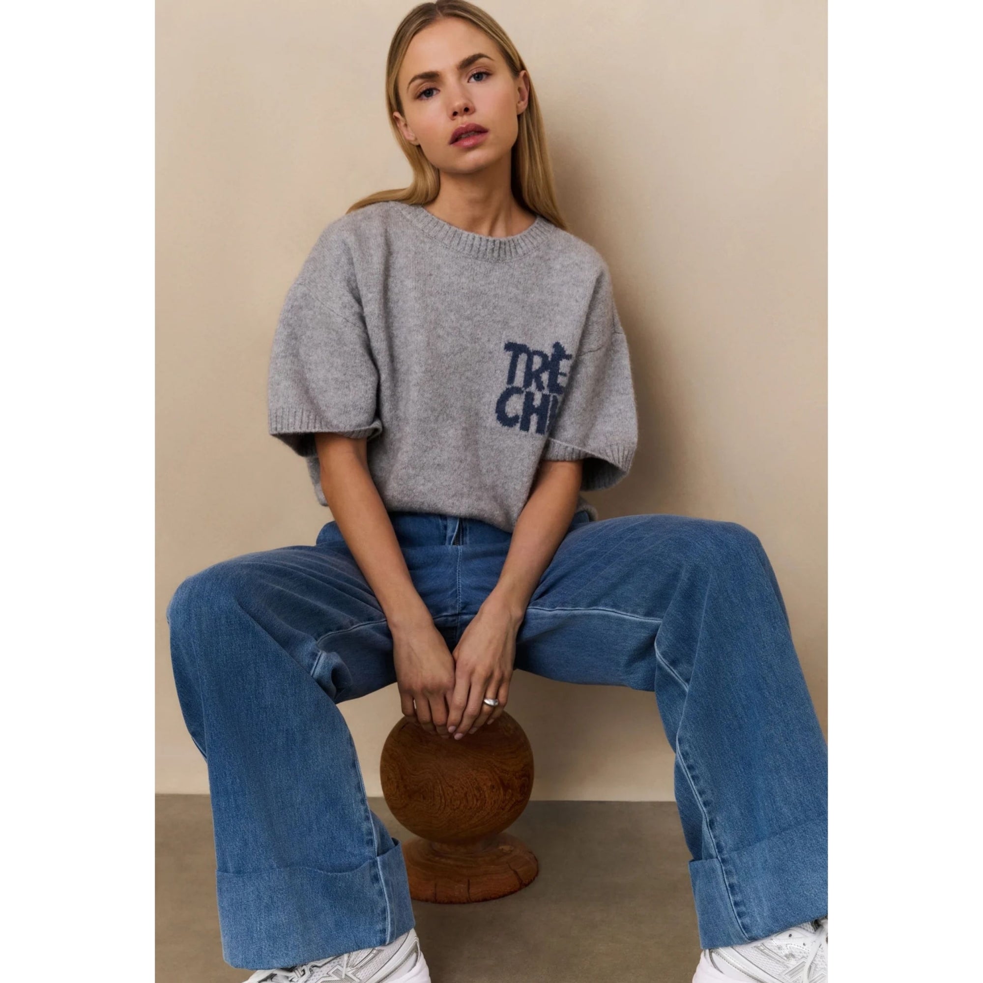 Yaya Round Neck Short Sleeve Jumper Light Grey