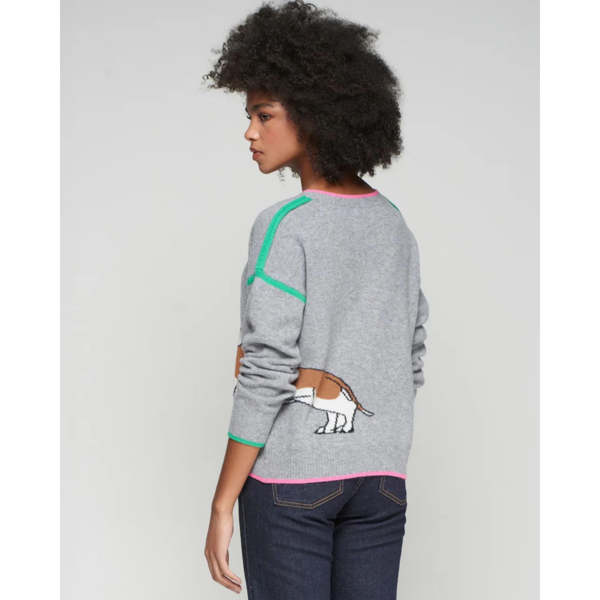 Vilagallo Intarsia V Neck Daschund Jumper With Contrast Trim Grey