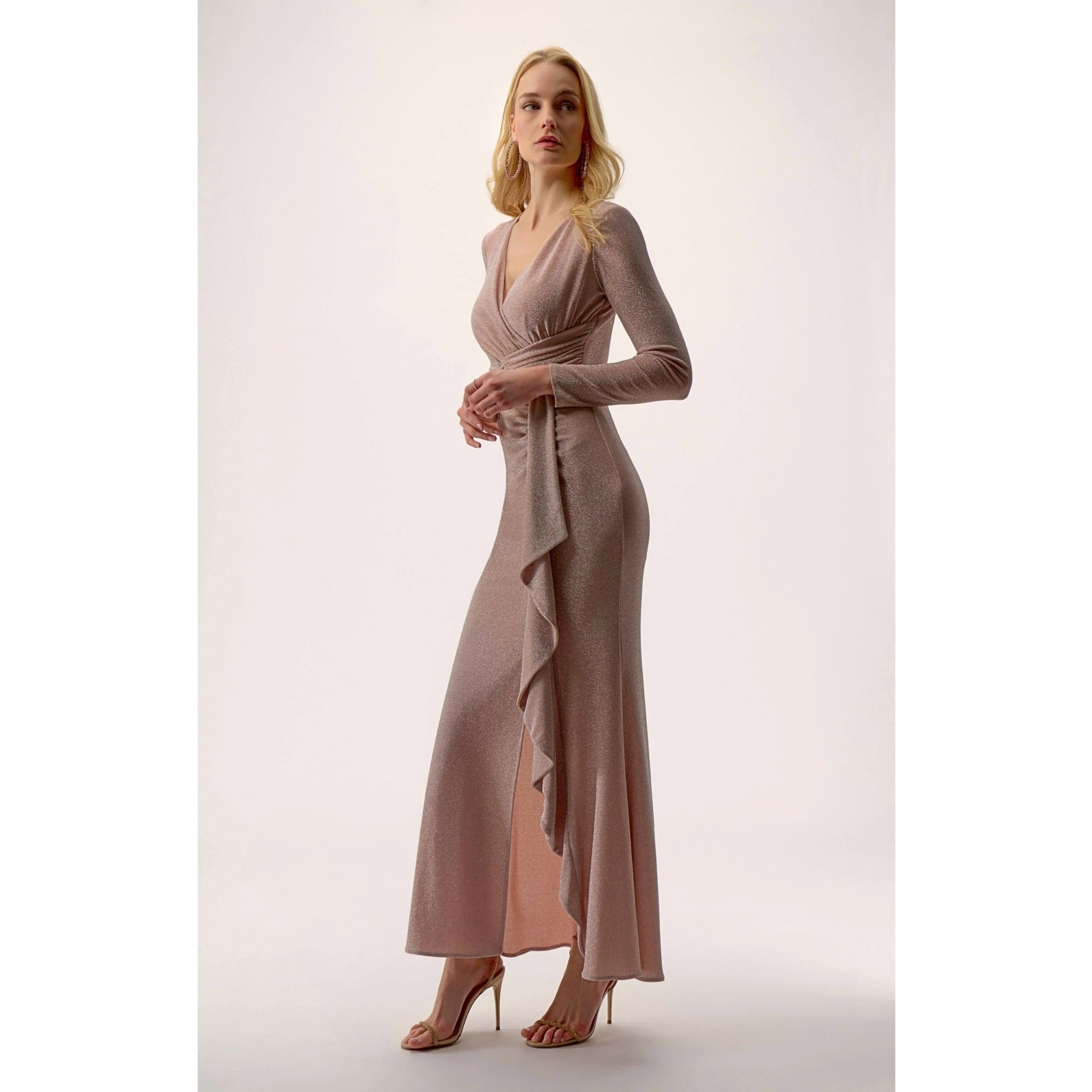 Joseph Ribkoff Sparkle Lurex Fitted Waist Dress With Cascade Rose 3647