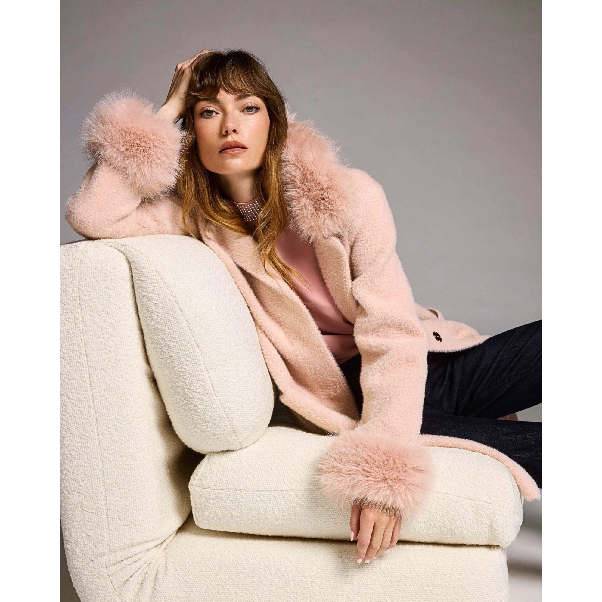 Joseph Ribkoff Coatigan With Faux Fur Collar And Cuff Dusty Pink 3647