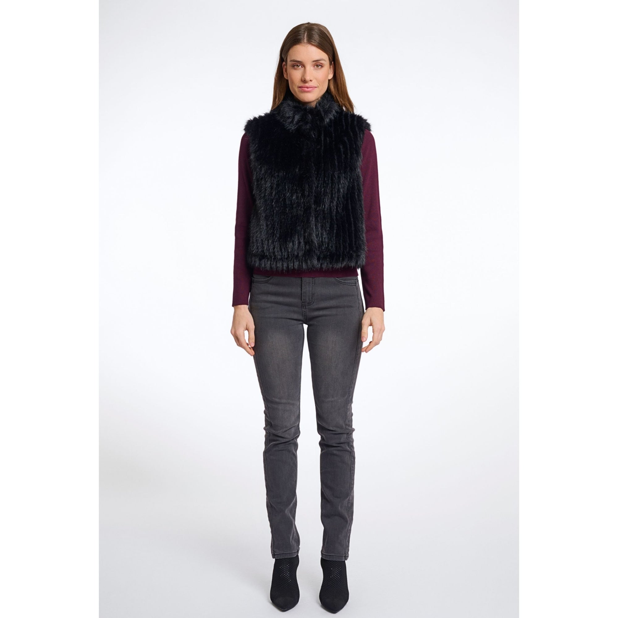 Rino & Pelle Dava Shaggy Faux Fur Ribbed Gilet Black