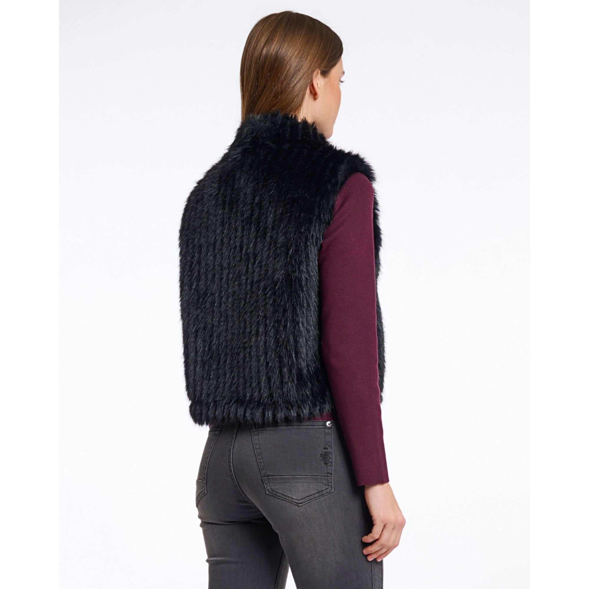 Rino & Pelle Dava Shaggy Faux Fur Ribbed Gilet Black