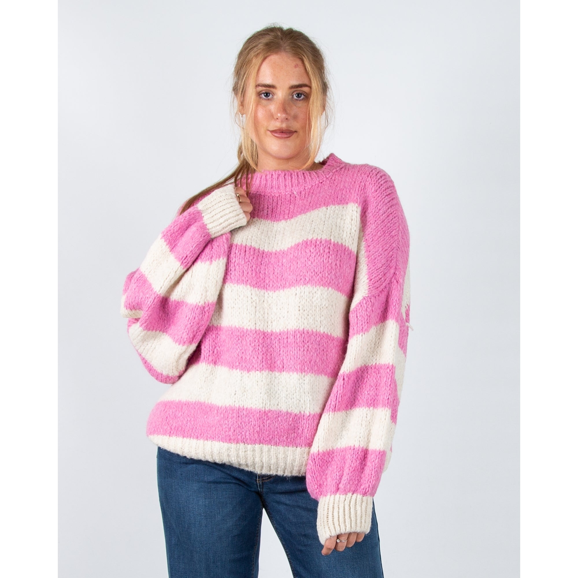 Kris Ana Soft Chunky Knit Oversized Stripe Jumper Pink/cream