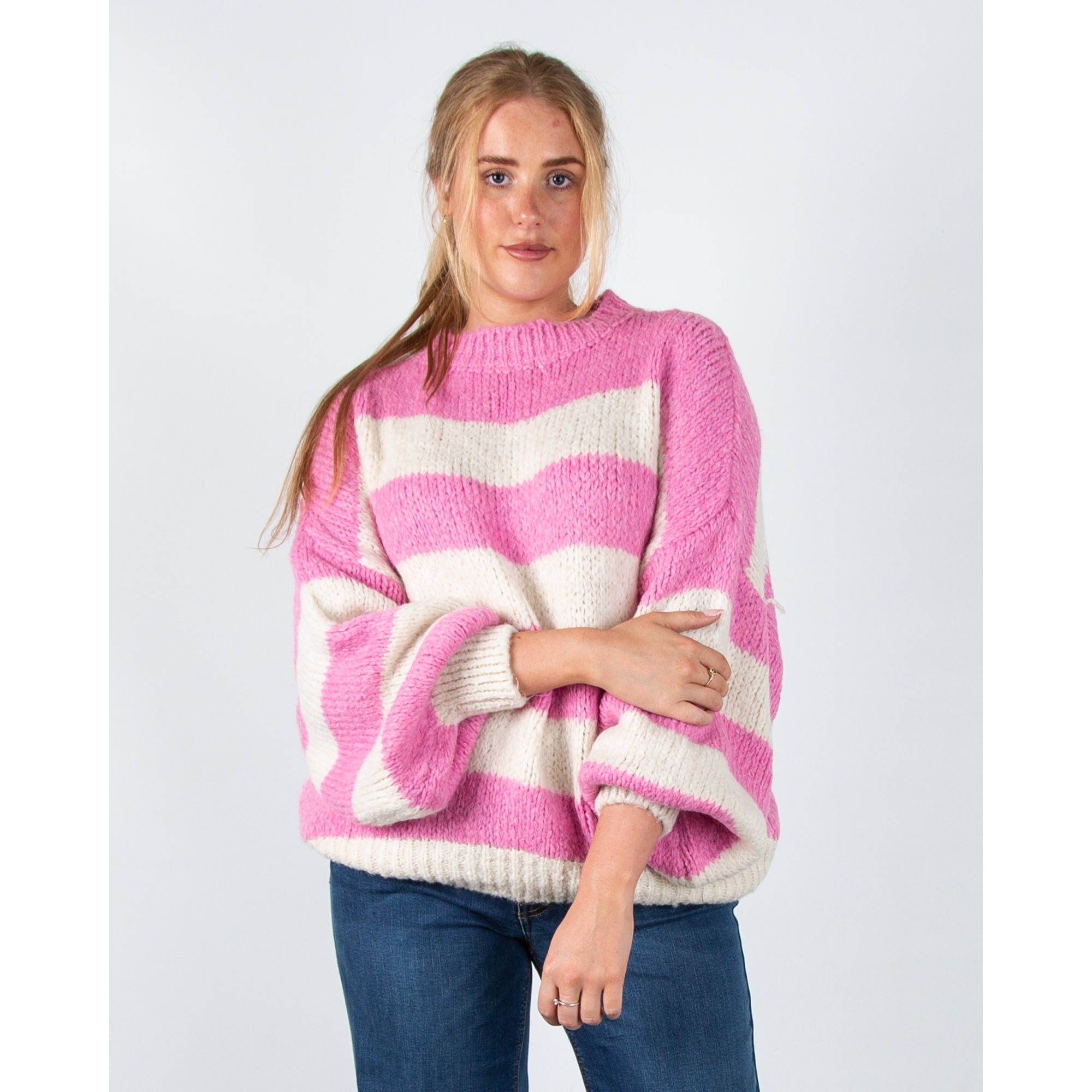 Kris Ana Soft Chunky Knit Oversized Stripe Jumper Pink/cream