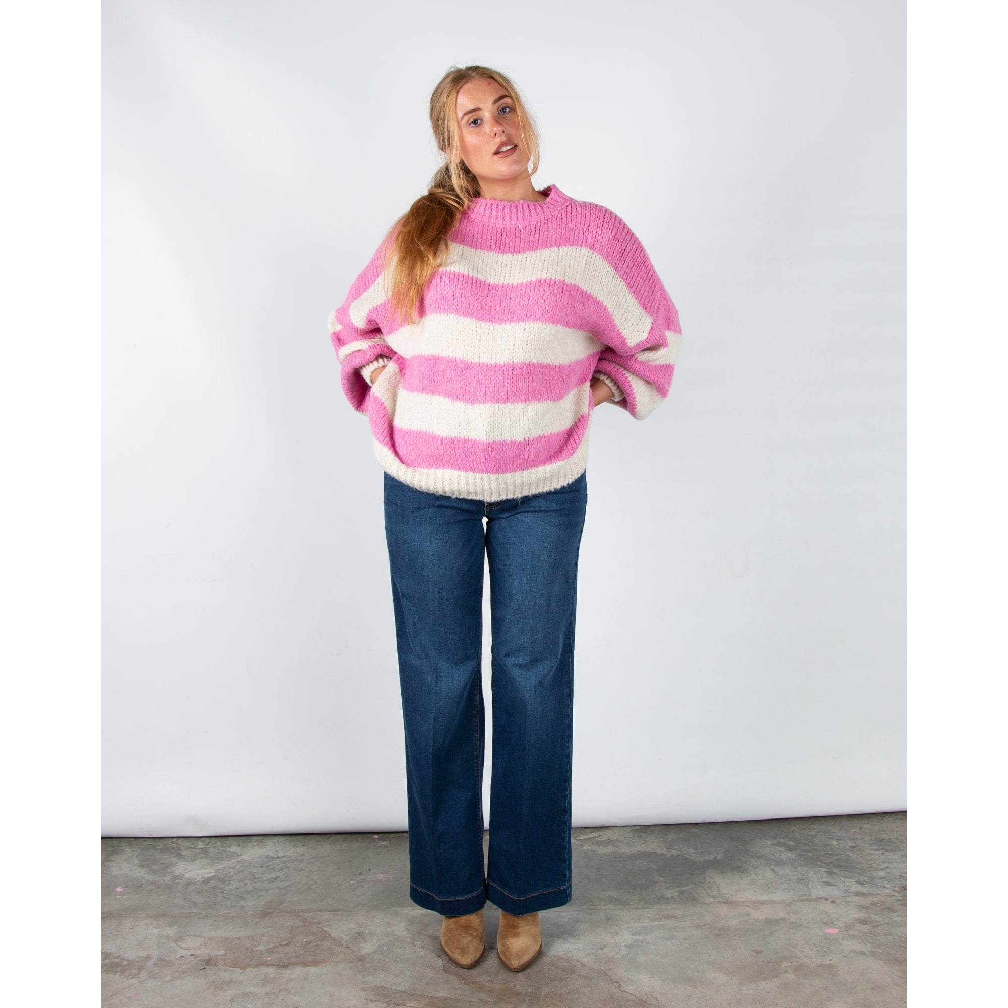 Kris Ana Soft Chunky Knit Oversized Stripe Jumper Pink/cream