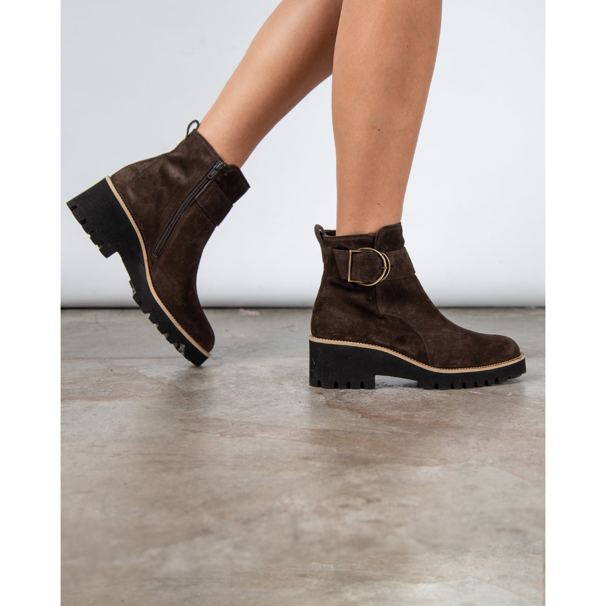 Paul Green Suede Wedge Ankle Boot With Buckle Chocolate Brown 198