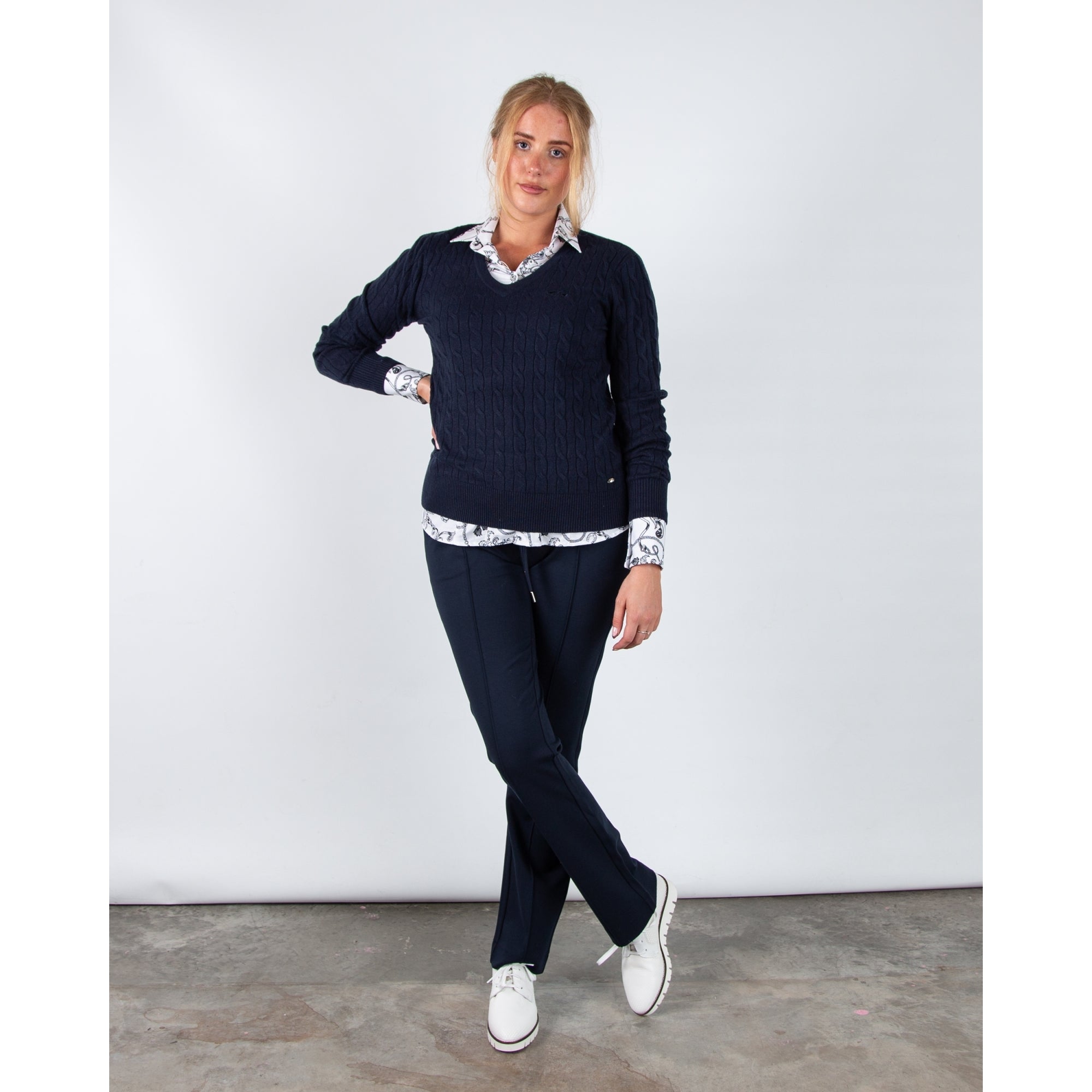 Hv Society Celia V Neck Cable Knit Jumper With Rib Trim Navy