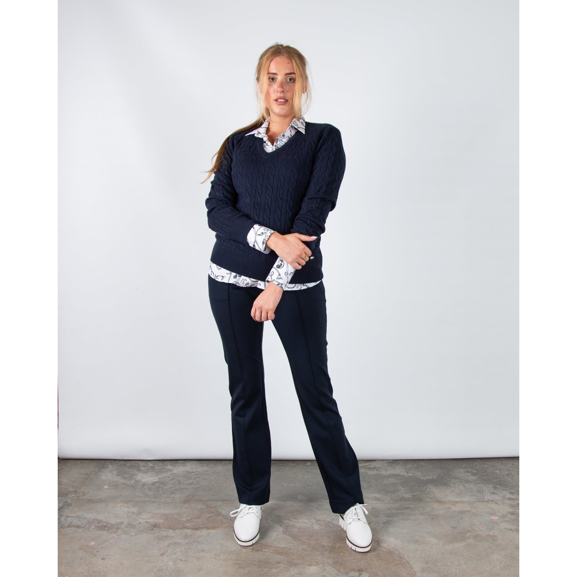 Hv Society Celia V Neck Cable Knit Jumper With Rib Trim Navy