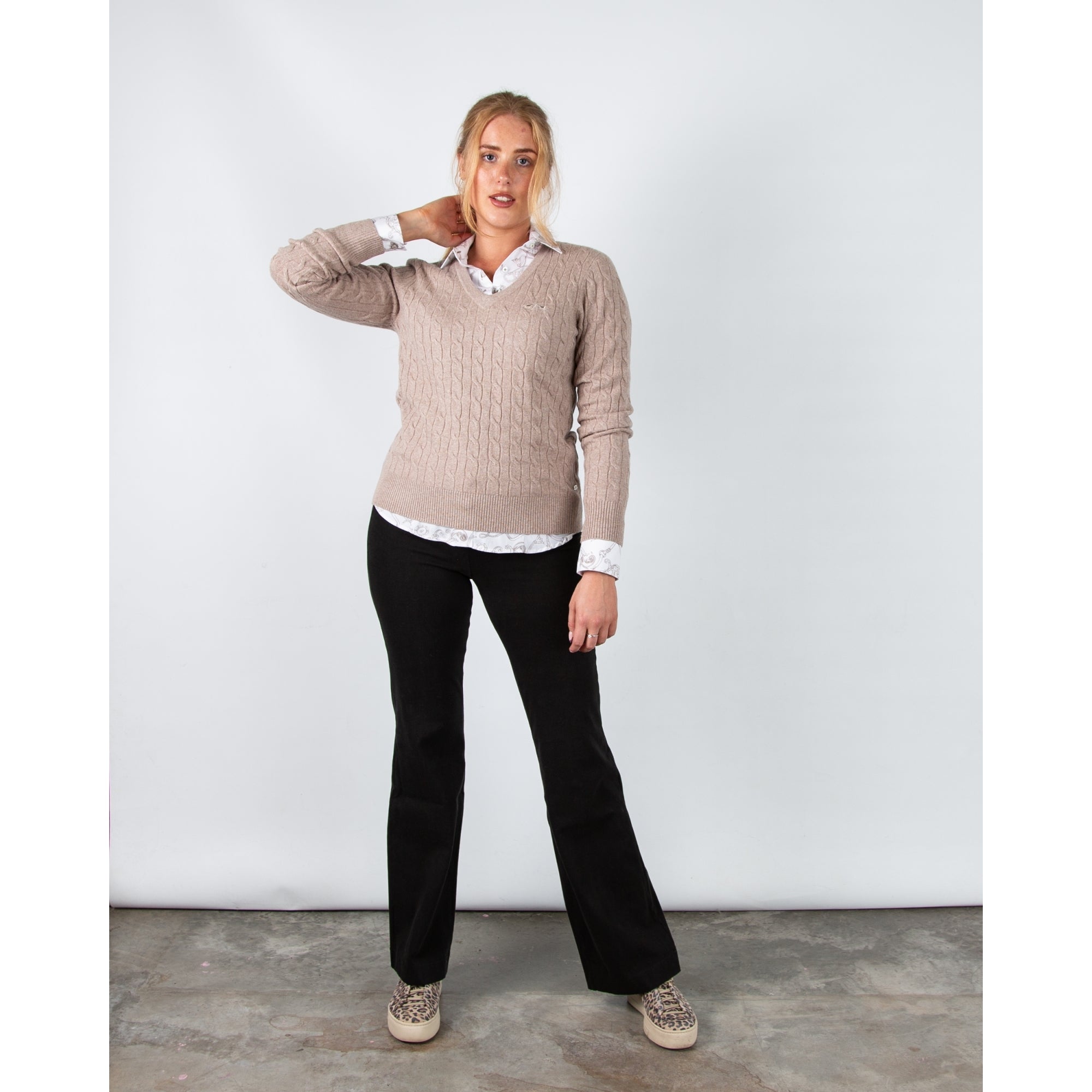 Hv Society Celia V Neck Cable Knit Jumper With Rib Trim Taupe