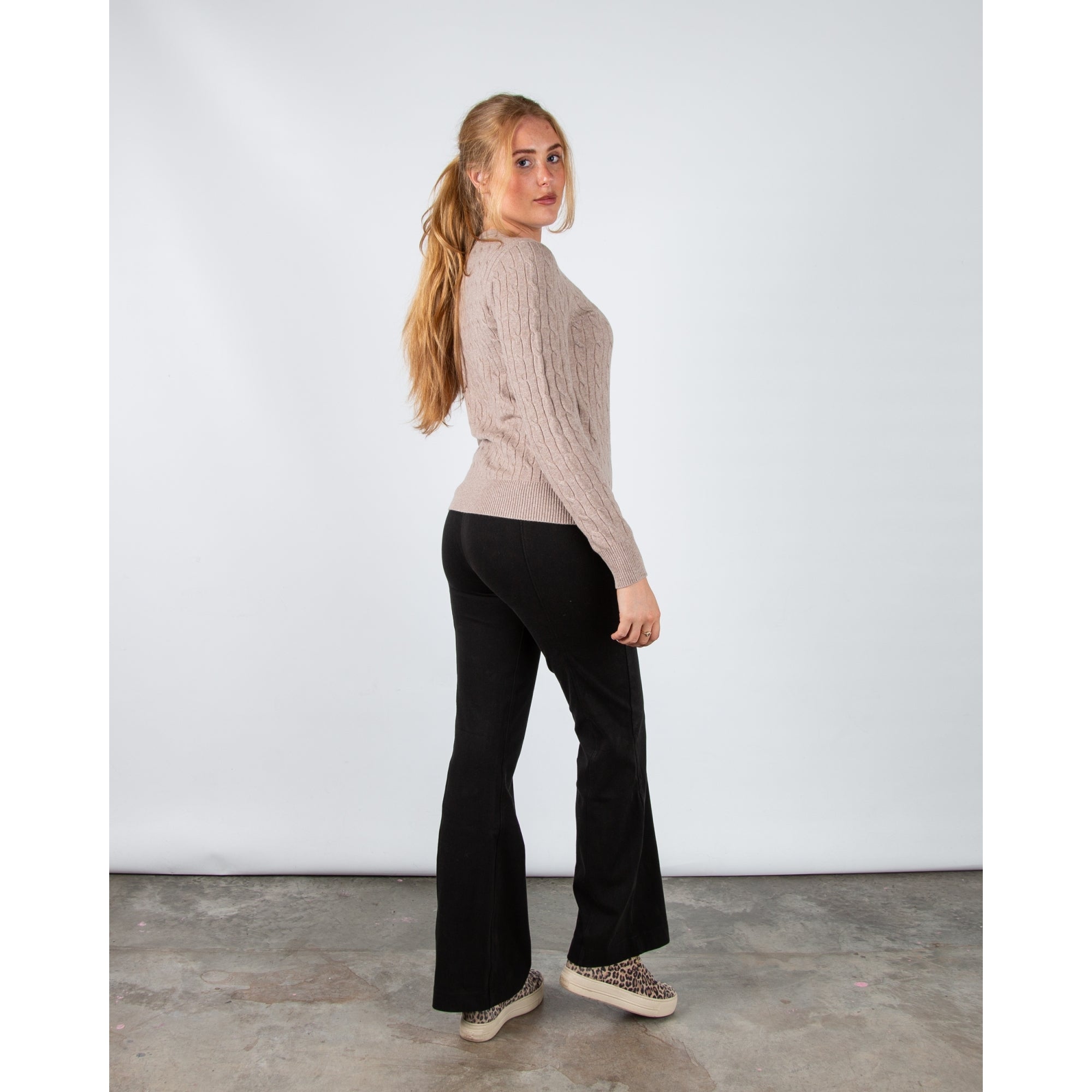 Hv Society Celia V Neck Cable Knit Jumper With Rib Trim Taupe