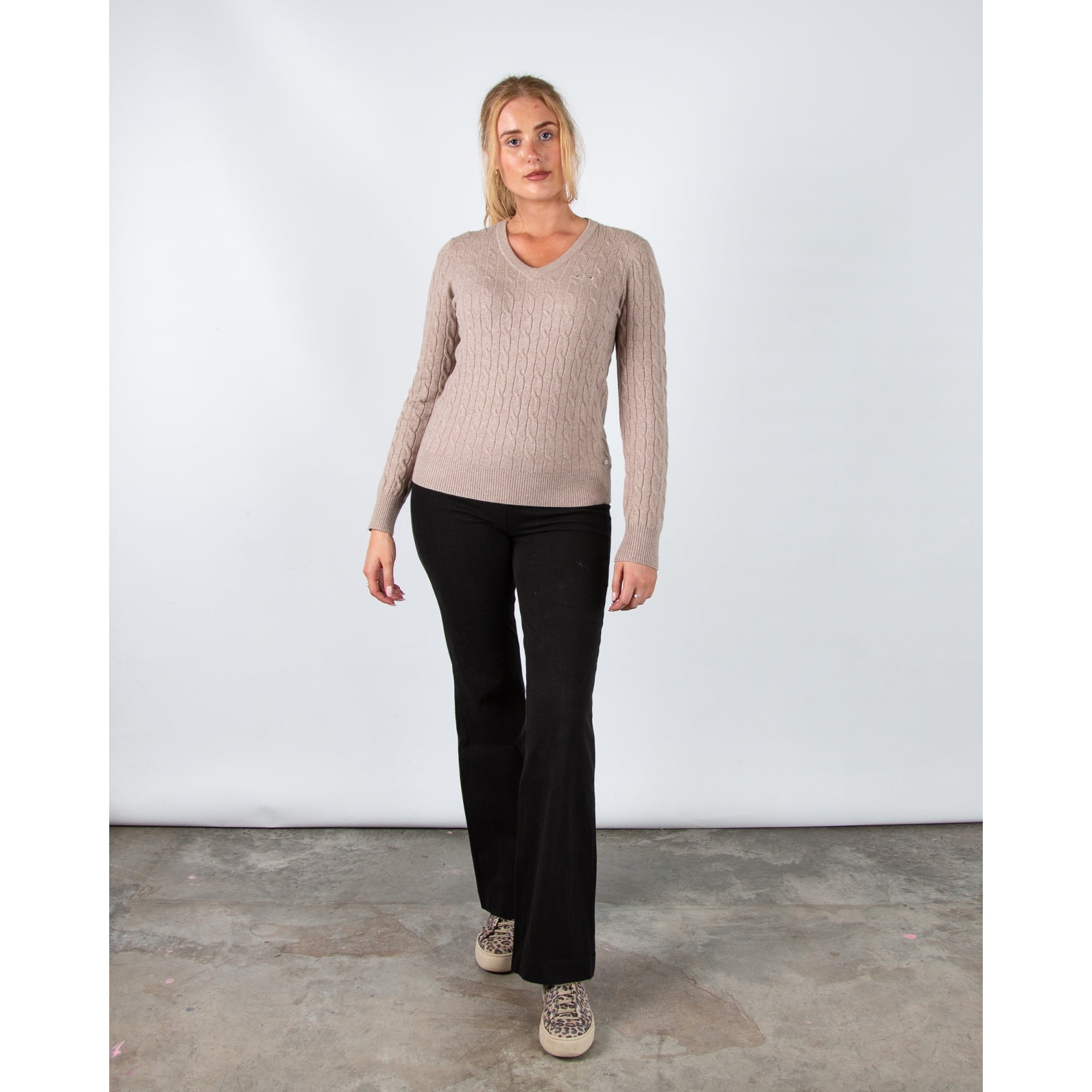 Hv Society Celia V Neck Cable Knit Jumper With Rib Trim Taupe