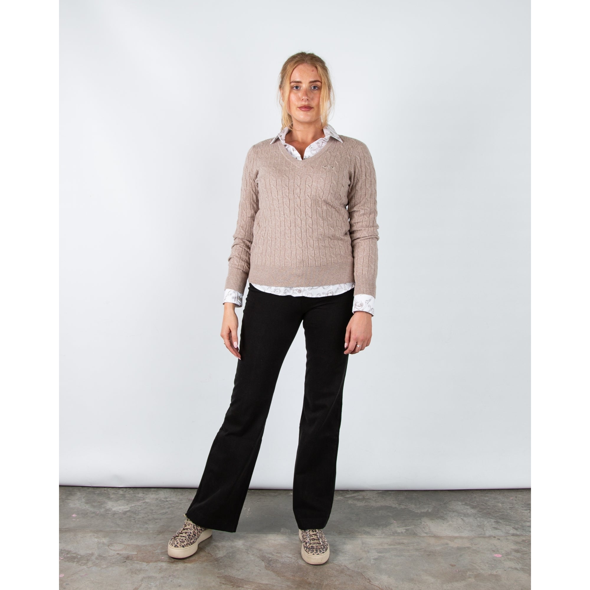 Hv Society Celia V Neck Cable Knit Jumper With Rib Trim Taupe