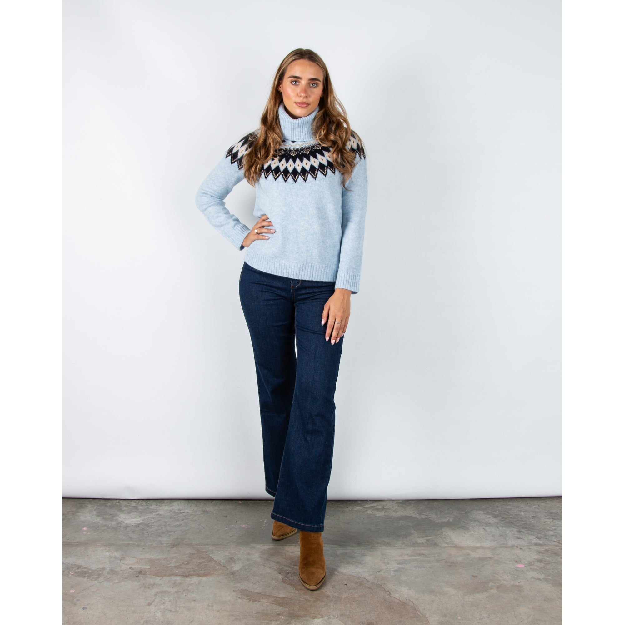 Hv Society Nunzia Roll Neck Knit Jumper With Fair Isle Pattern Light Blue