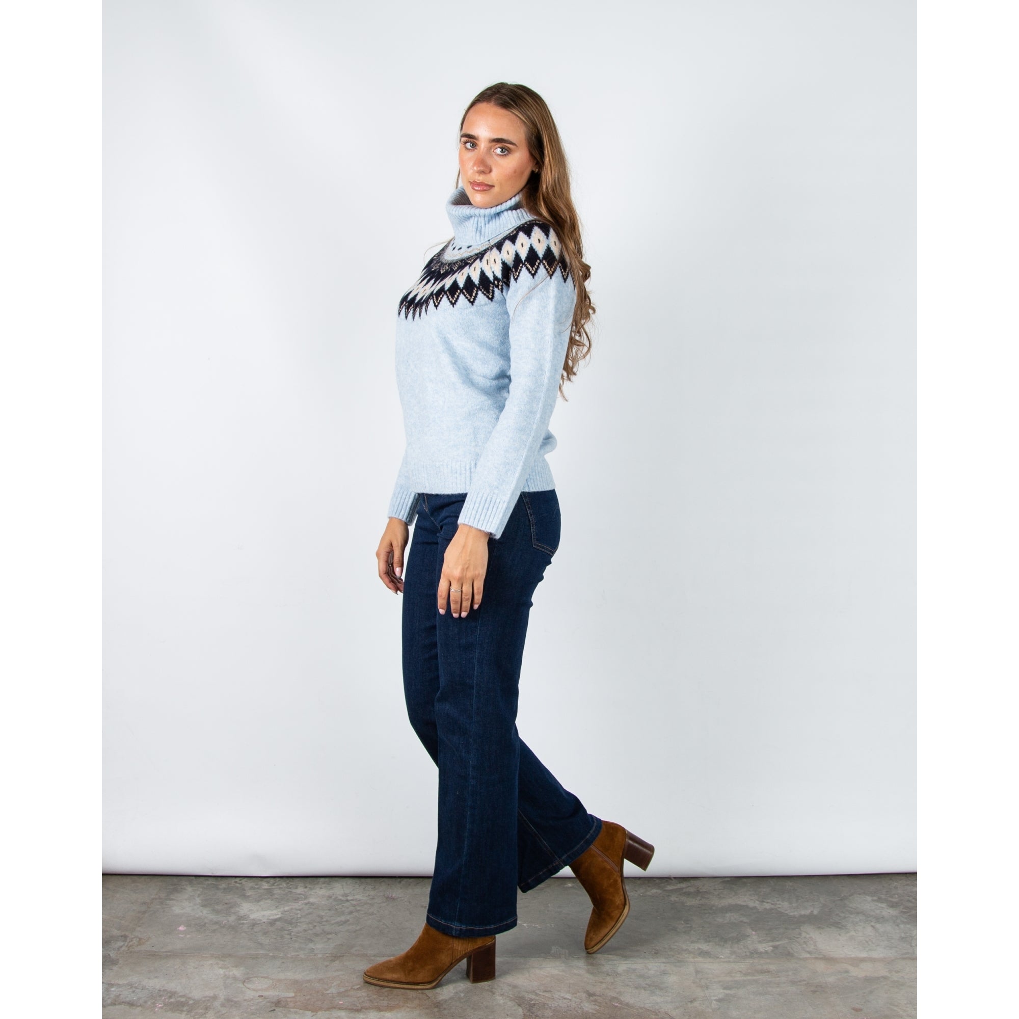 Hv Society Nunzia Roll Neck Knit Jumper With Fair Isle Pattern Light Blue