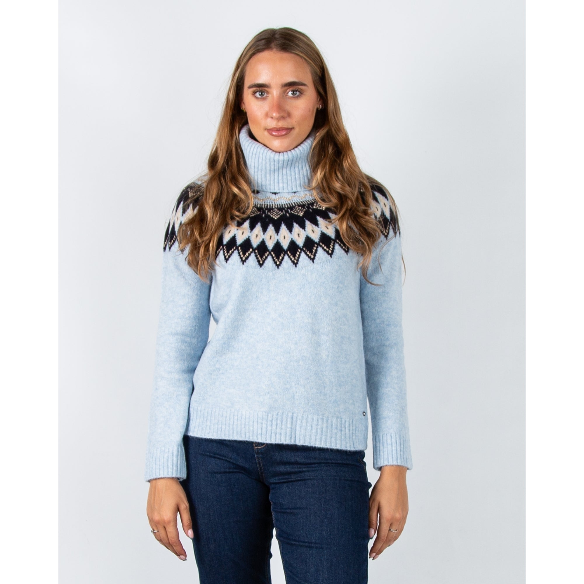 Hv Society Nunzia Roll Neck Knit Jumper With Fair Isle Pattern Light Blue