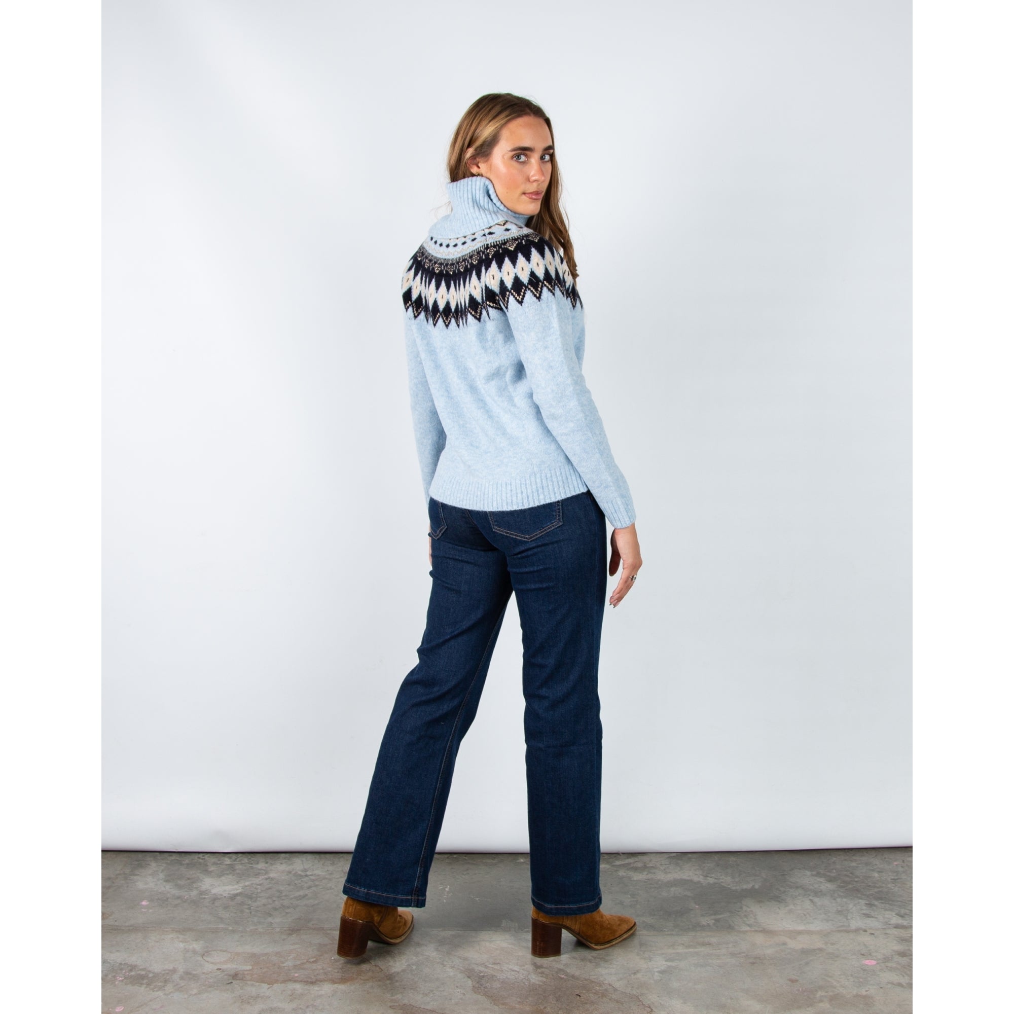 Hv Society Nunzia Roll Neck Knit Jumper With Fair Isle Pattern Light Blue