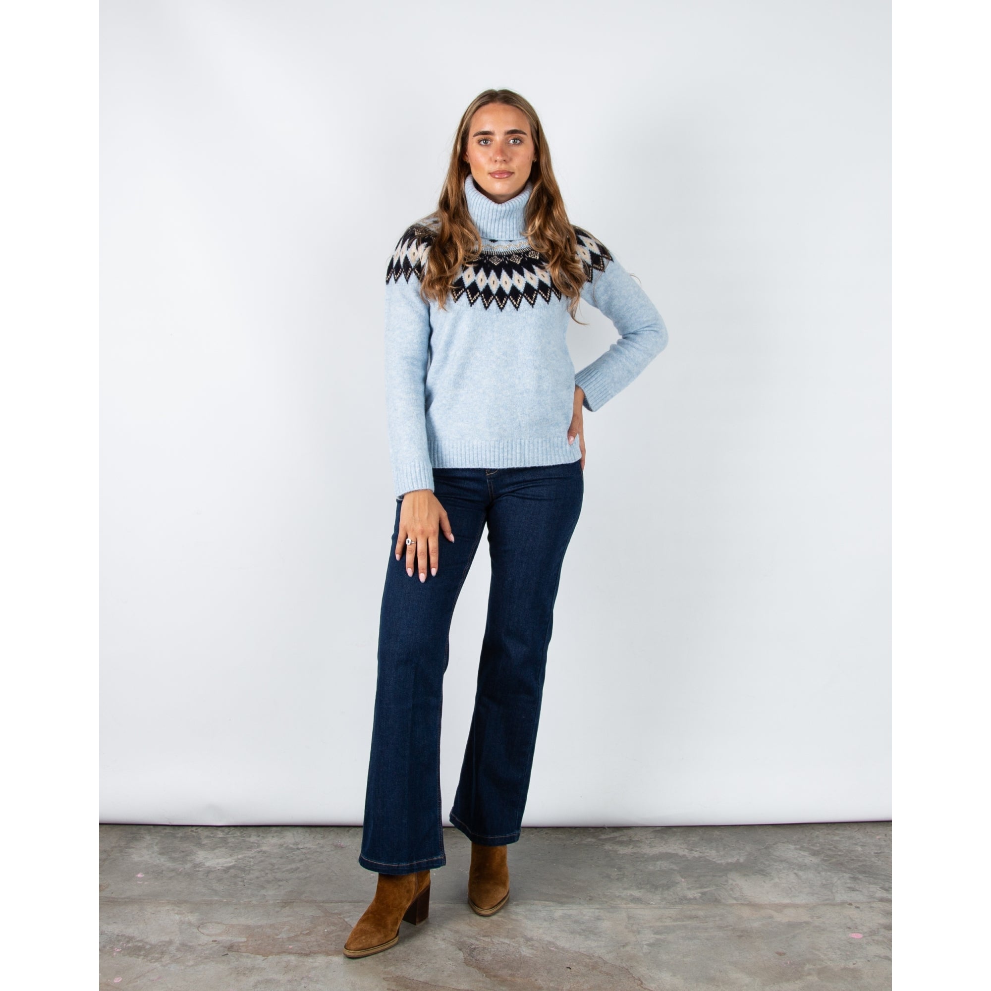 Hv Society Nunzia Roll Neck Knit Jumper With Fair Isle Pattern Light Blue