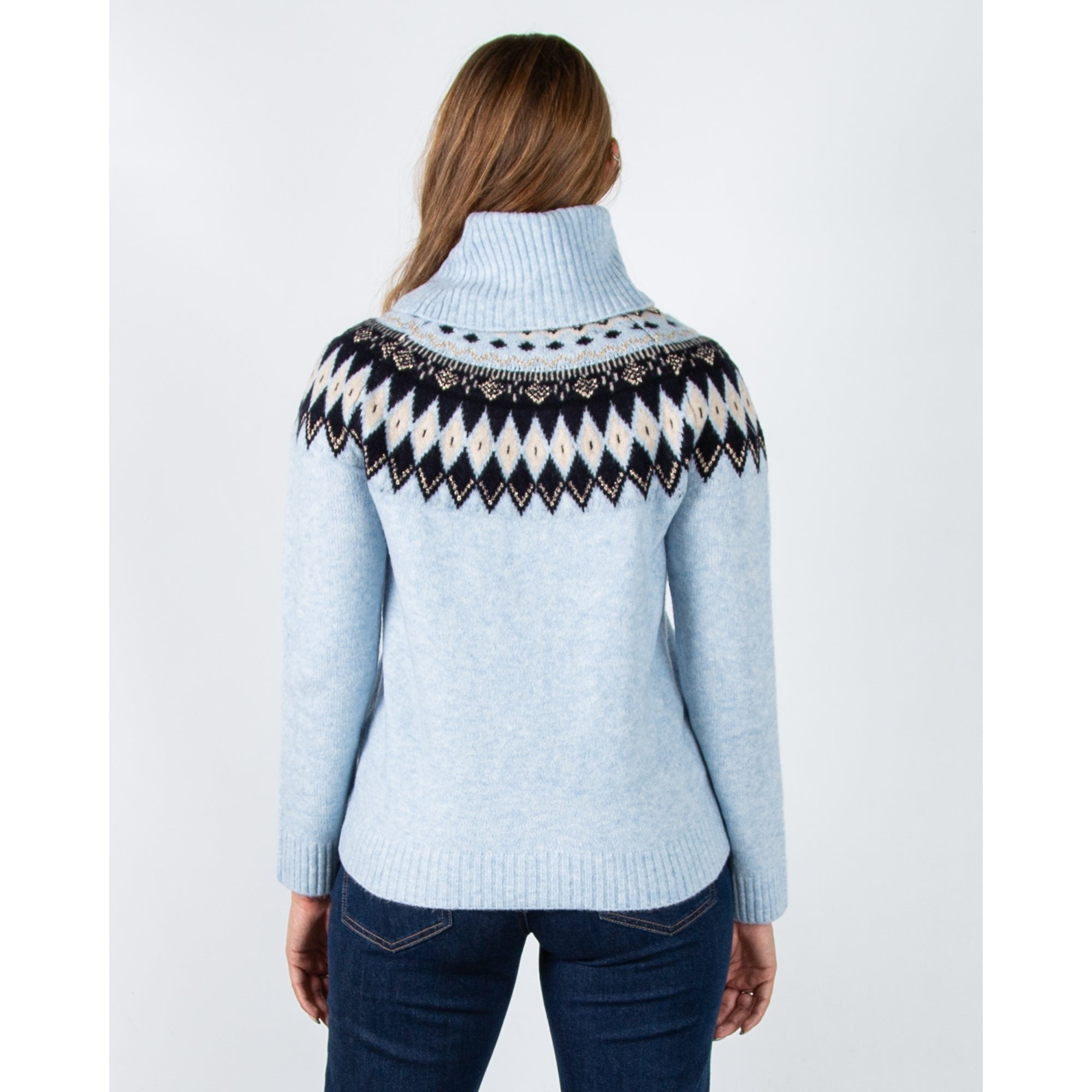 Hv Society Nunzia Roll Neck Knit Jumper With Fair Isle Pattern Light Blue