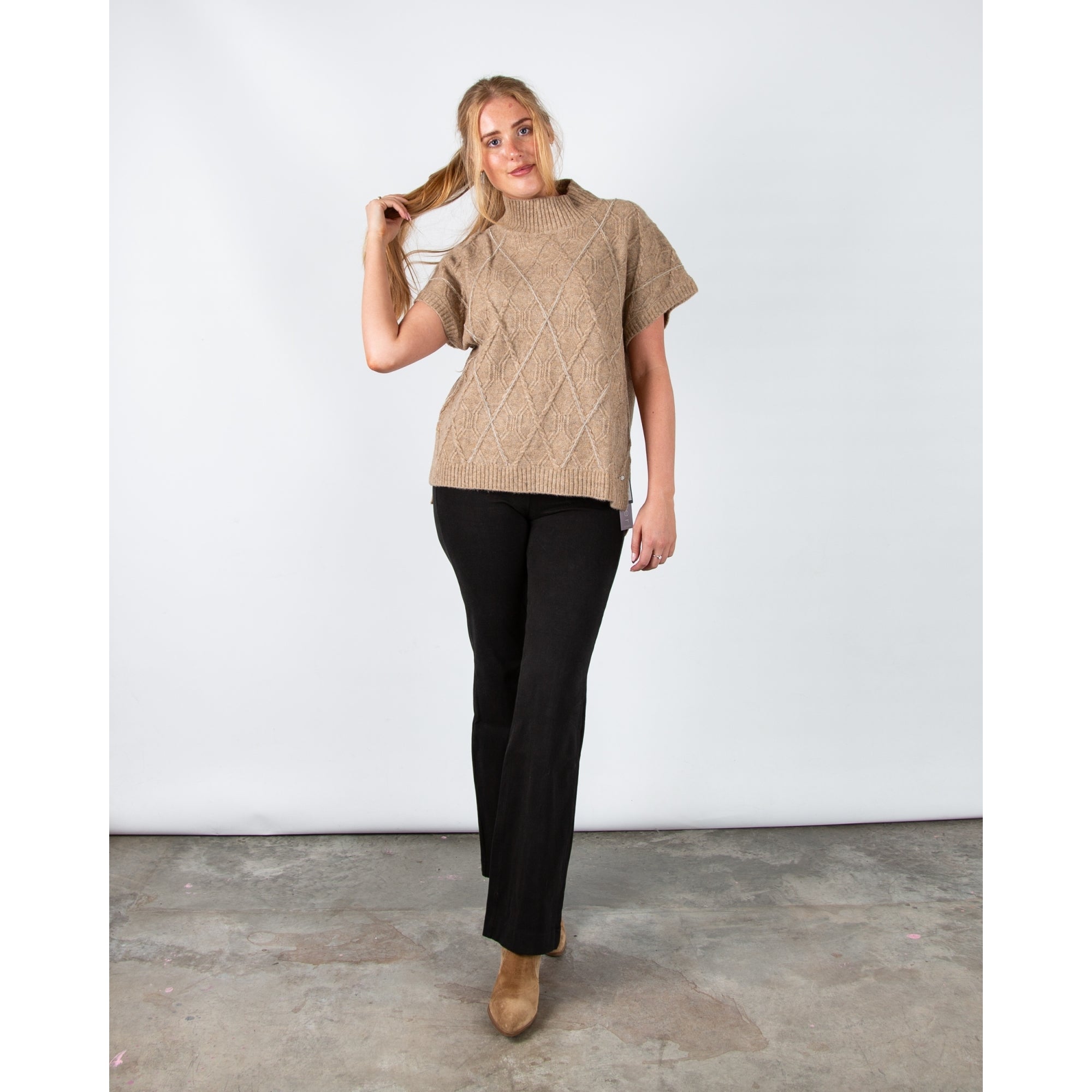 Hv Society Marina Cable Knit Cap Sleeve Oversized Jumper Taupe Marl