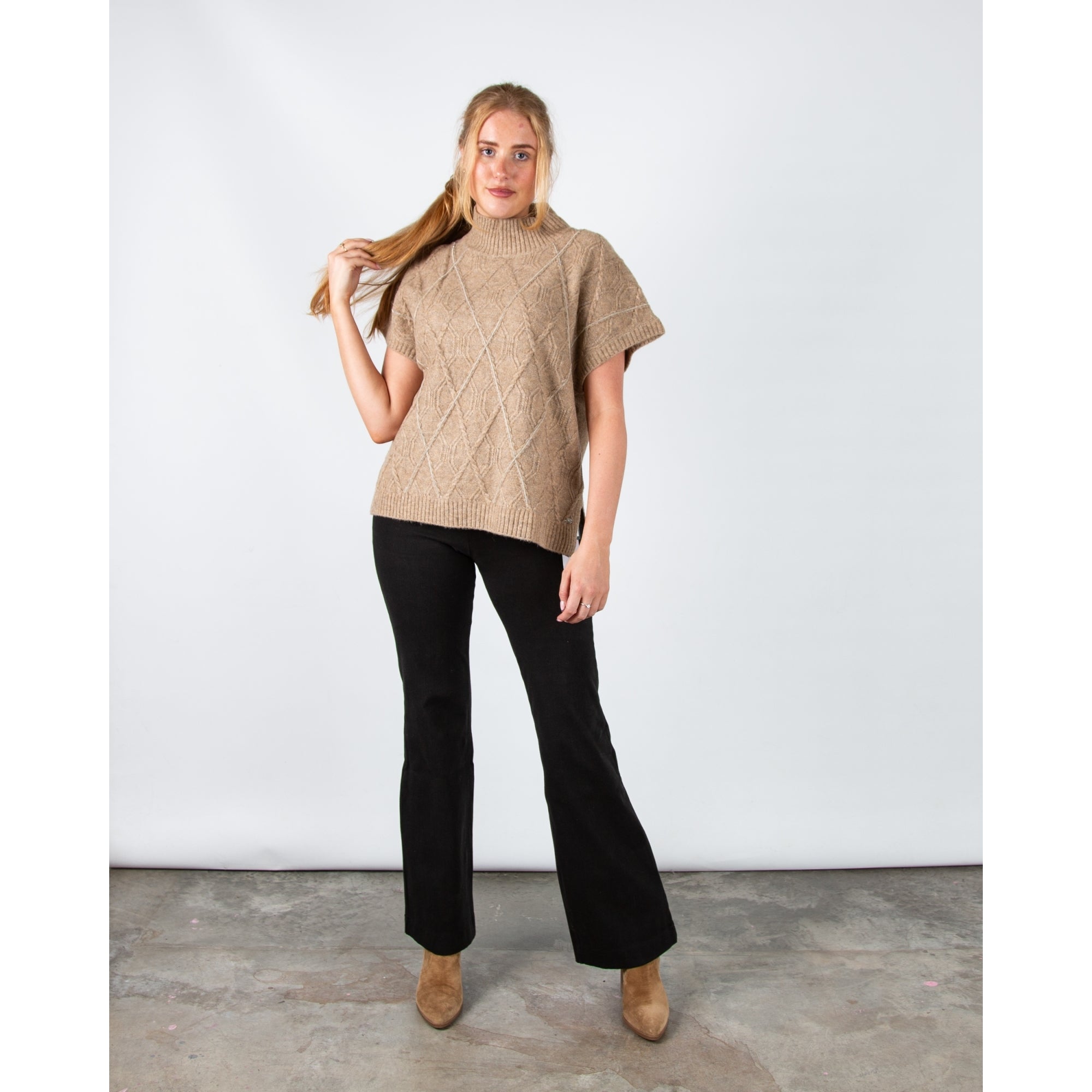 Hv Society Marina Cable Knit Cap Sleeve Oversized Jumper Taupe Marl