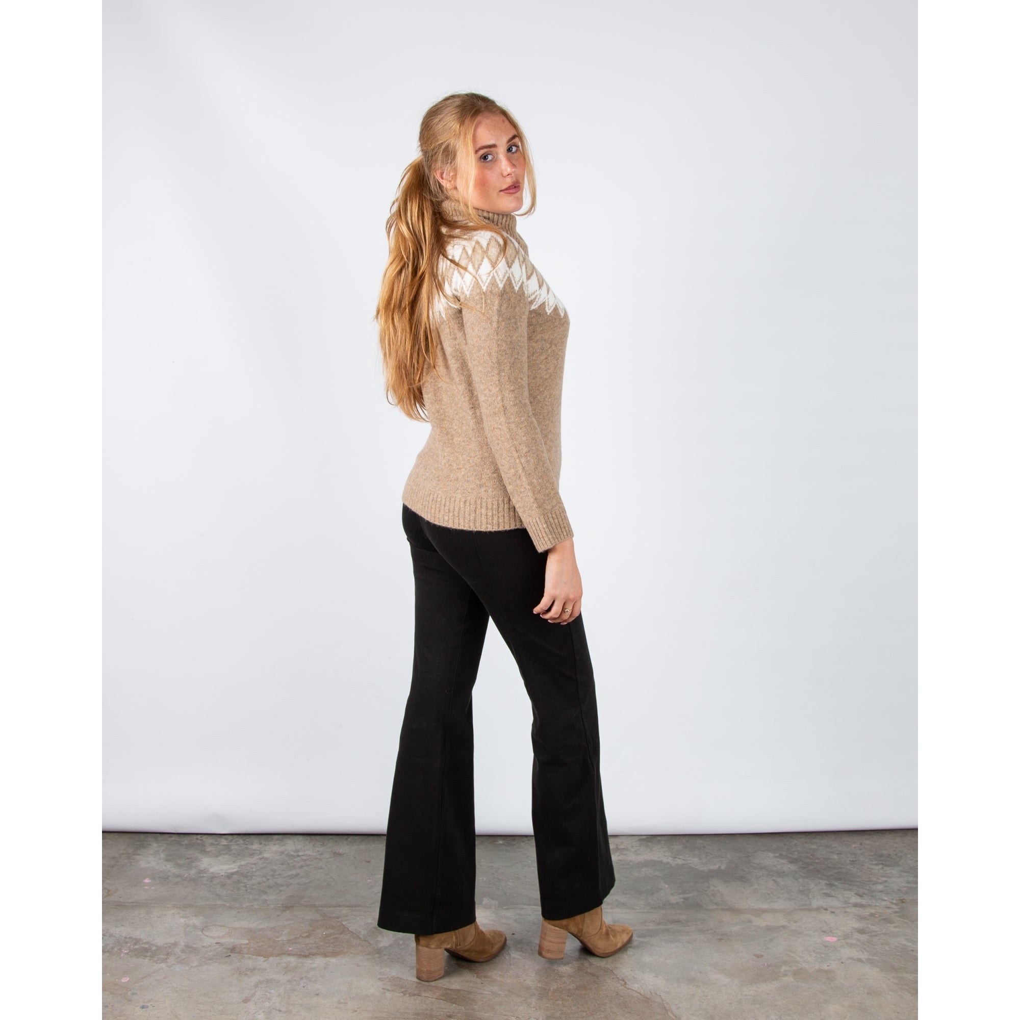 Hv Society Nunzia Roll Neck Knit Jumper With Fair Isle Pattern Taupe Marl