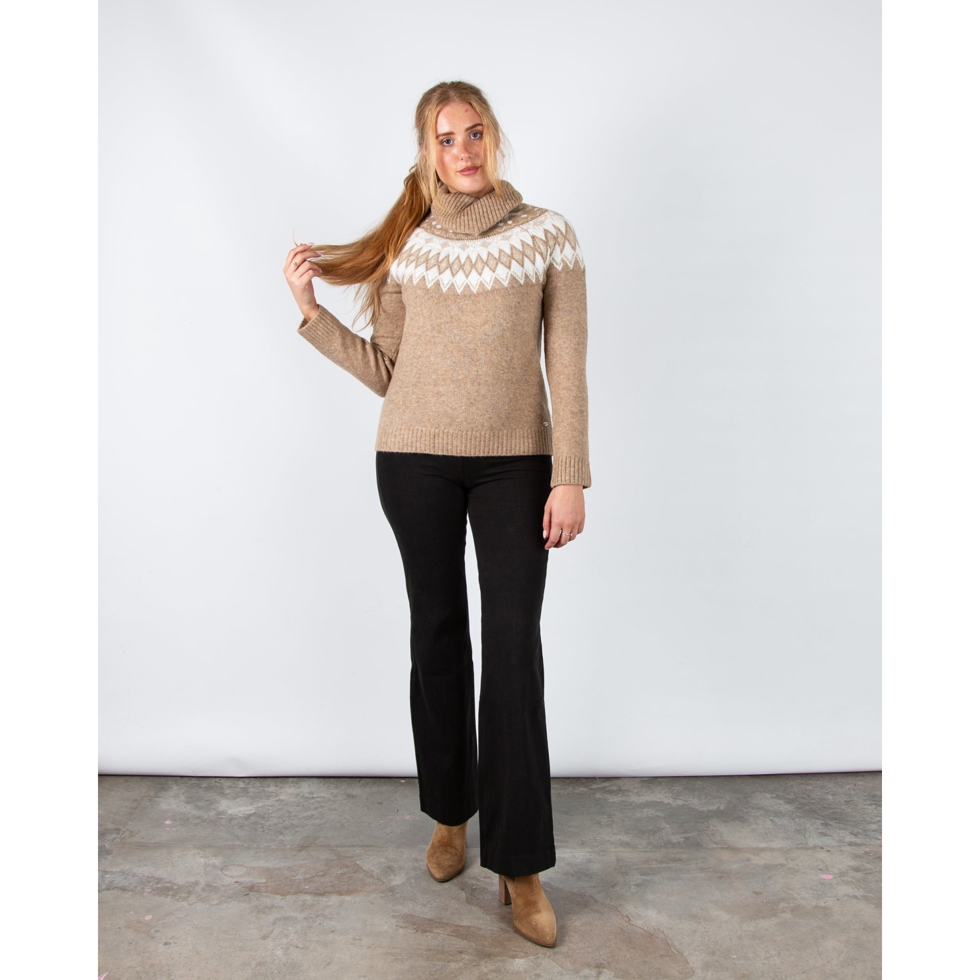 Hv Society Nunzia Roll Neck Knit Jumper With Fair Isle Pattern Taupe Marl