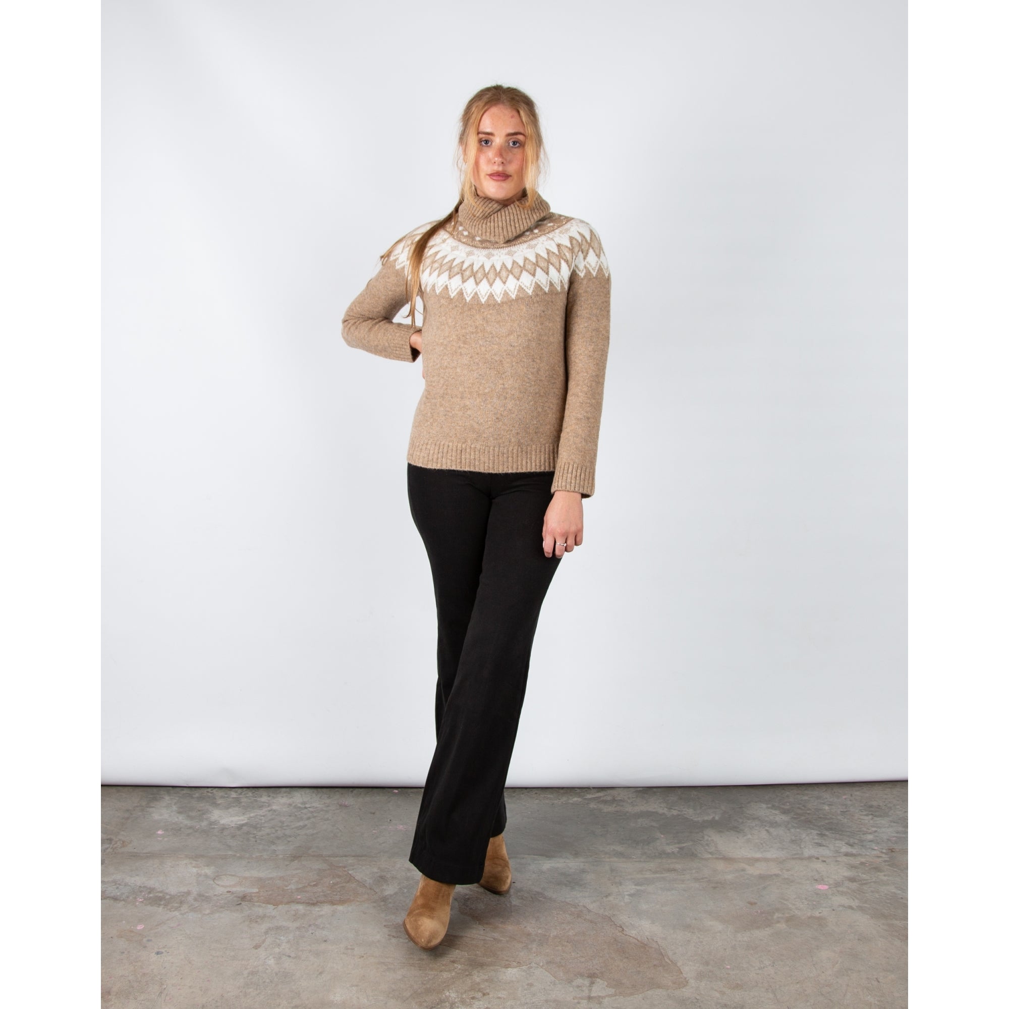 Hv Society Nunzia Roll Neck Knit Jumper With Fair Isle Pattern Taupe Marl