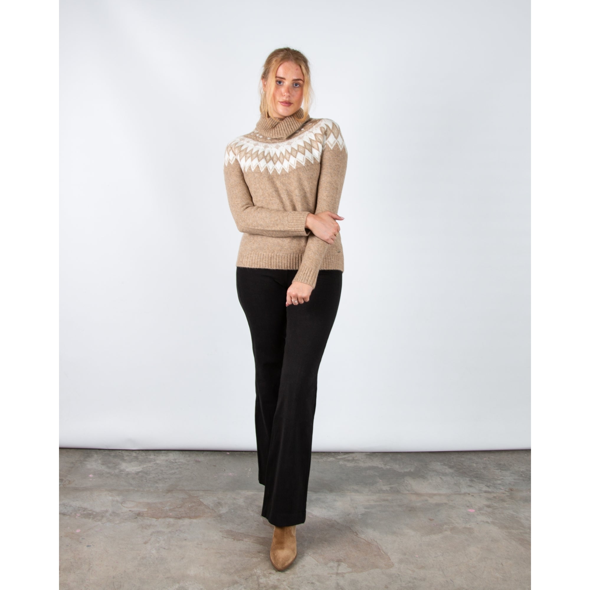 Hv Society Nunzia Roll Neck Knit Jumper With Fair Isle Pattern Taupe Marl