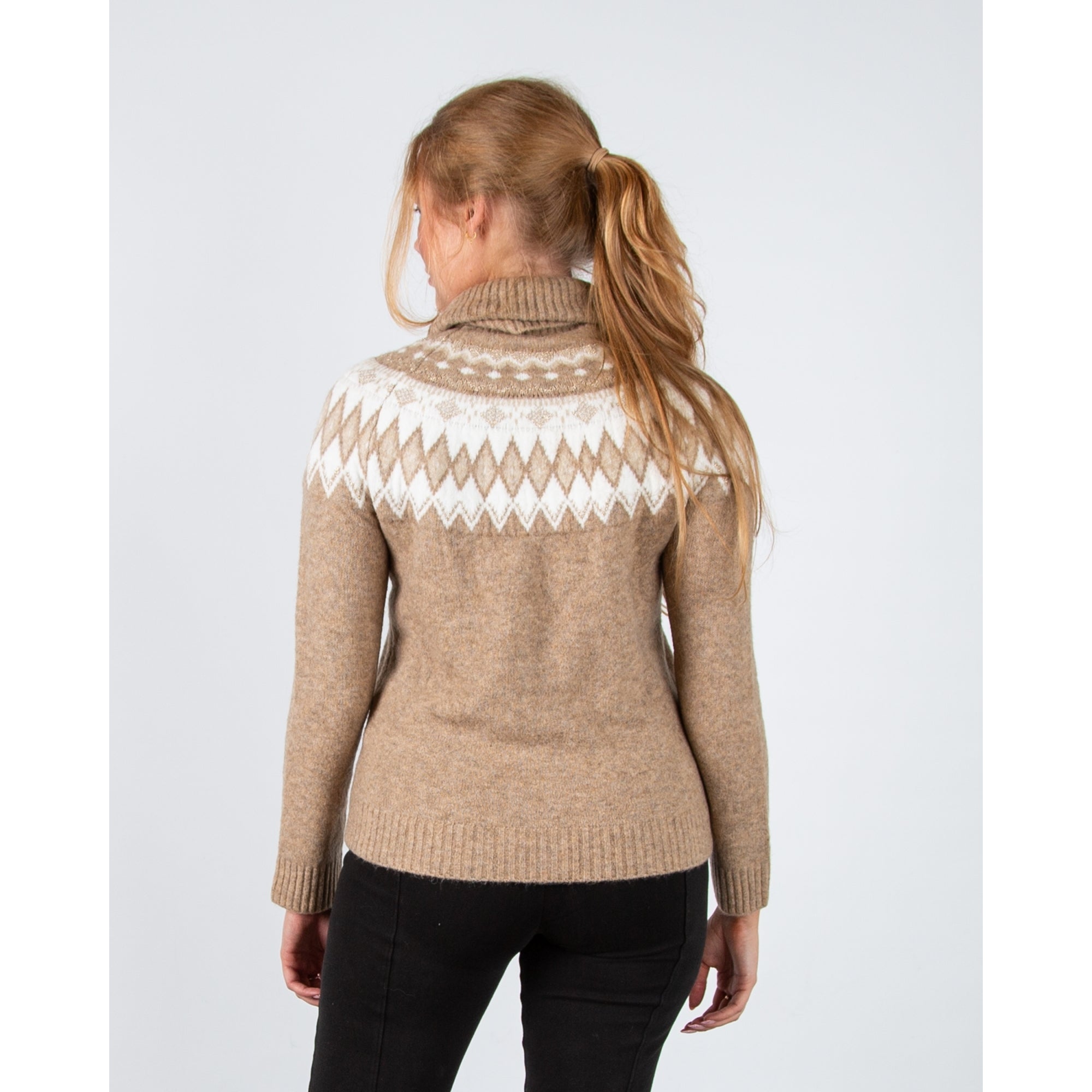 Hv Society Nunzia Roll Neck Knit Jumper With Fair Isle Pattern Taupe Marl