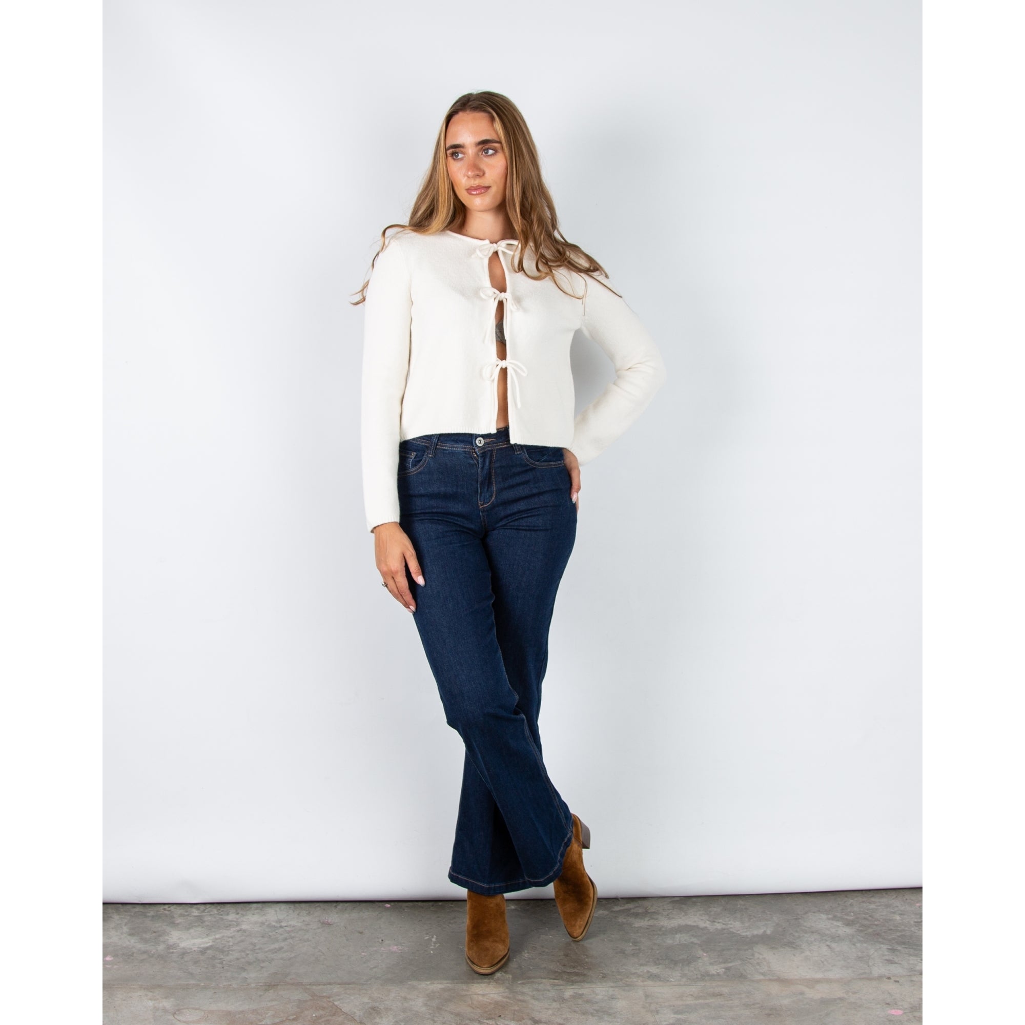 Oui Double Tie Front Soft Knit Cardigan Off White