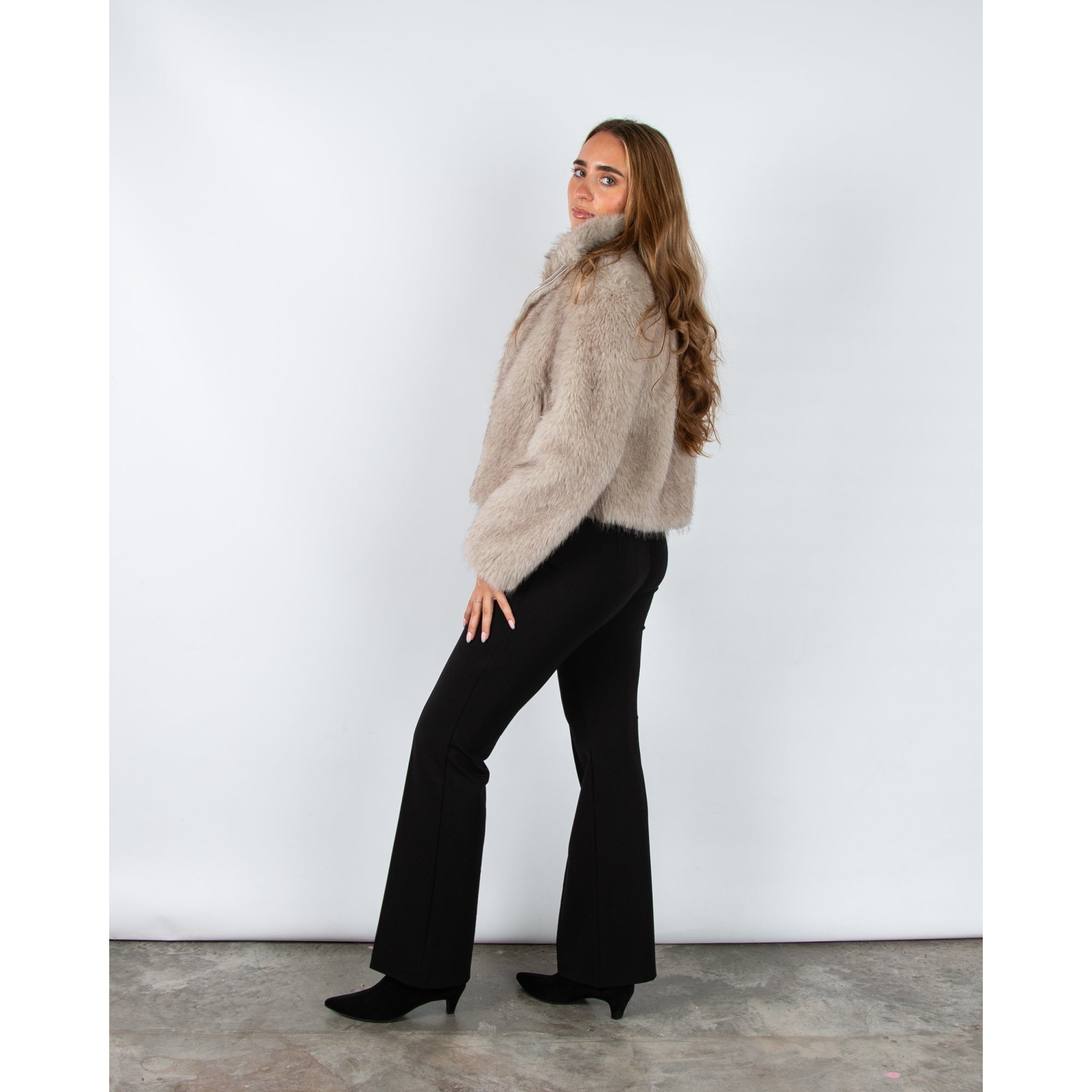 Marc Cain City Tour Faux Fur Jacket With High Collar Smoke