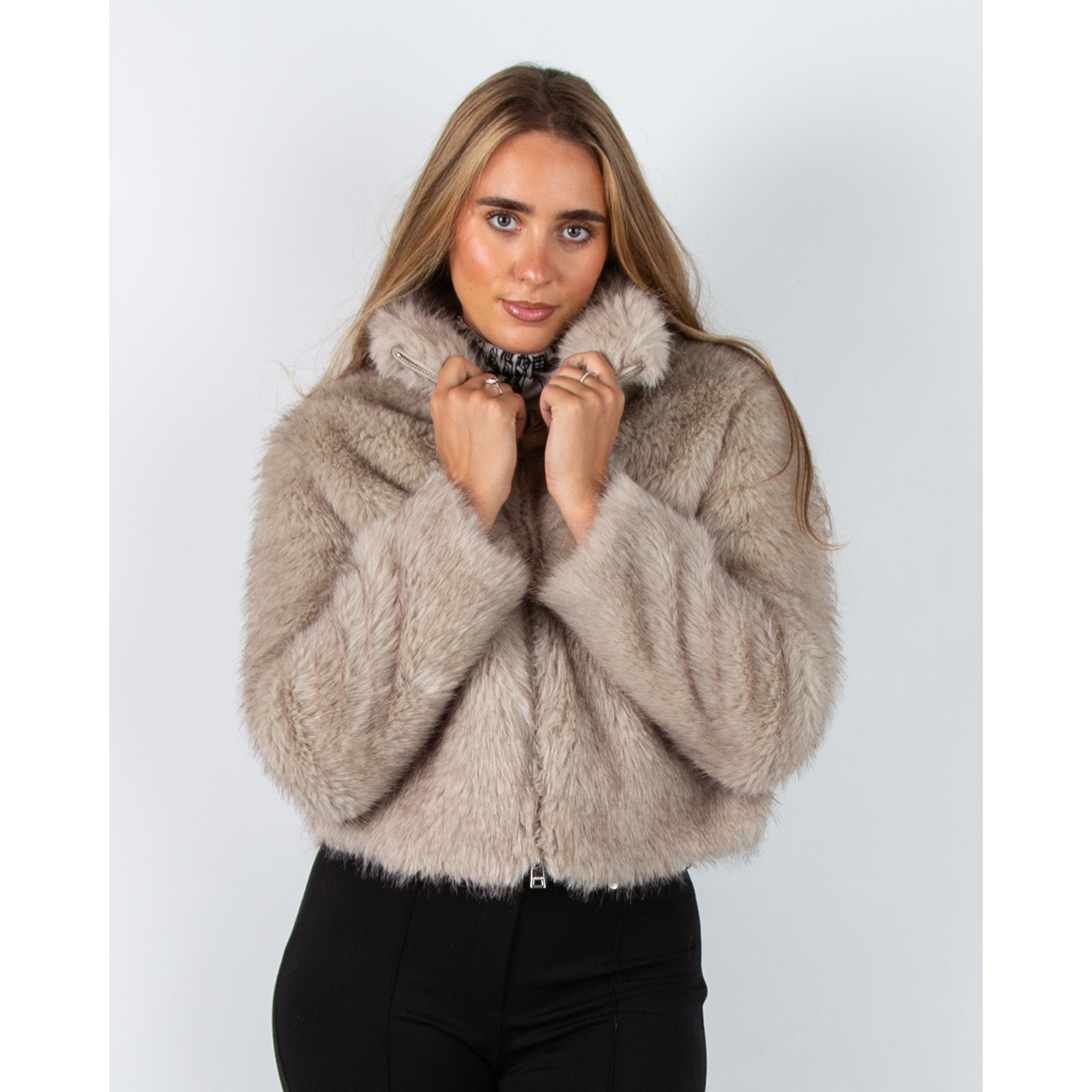 Marc Cain City Tour Faux Fur Jacket With High Collar Smoke