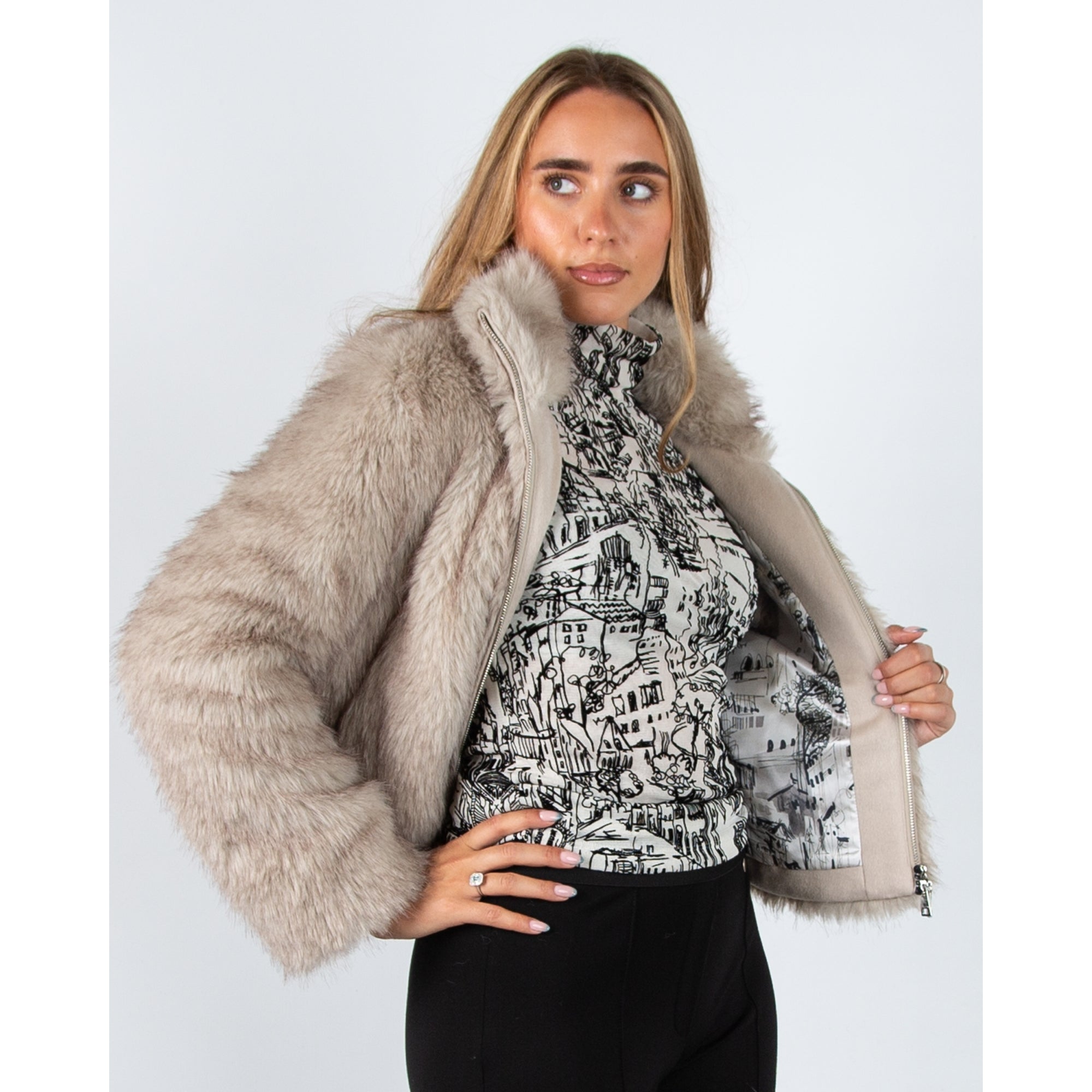 Marc Cain City Tour Faux Fur Jacket With High Collar Smoke