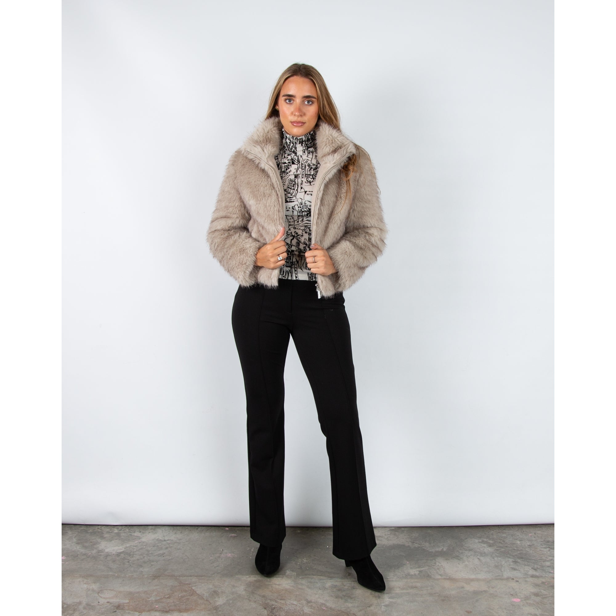 Marc Cain City Tour Faux Fur Jacket With High Collar Smoke