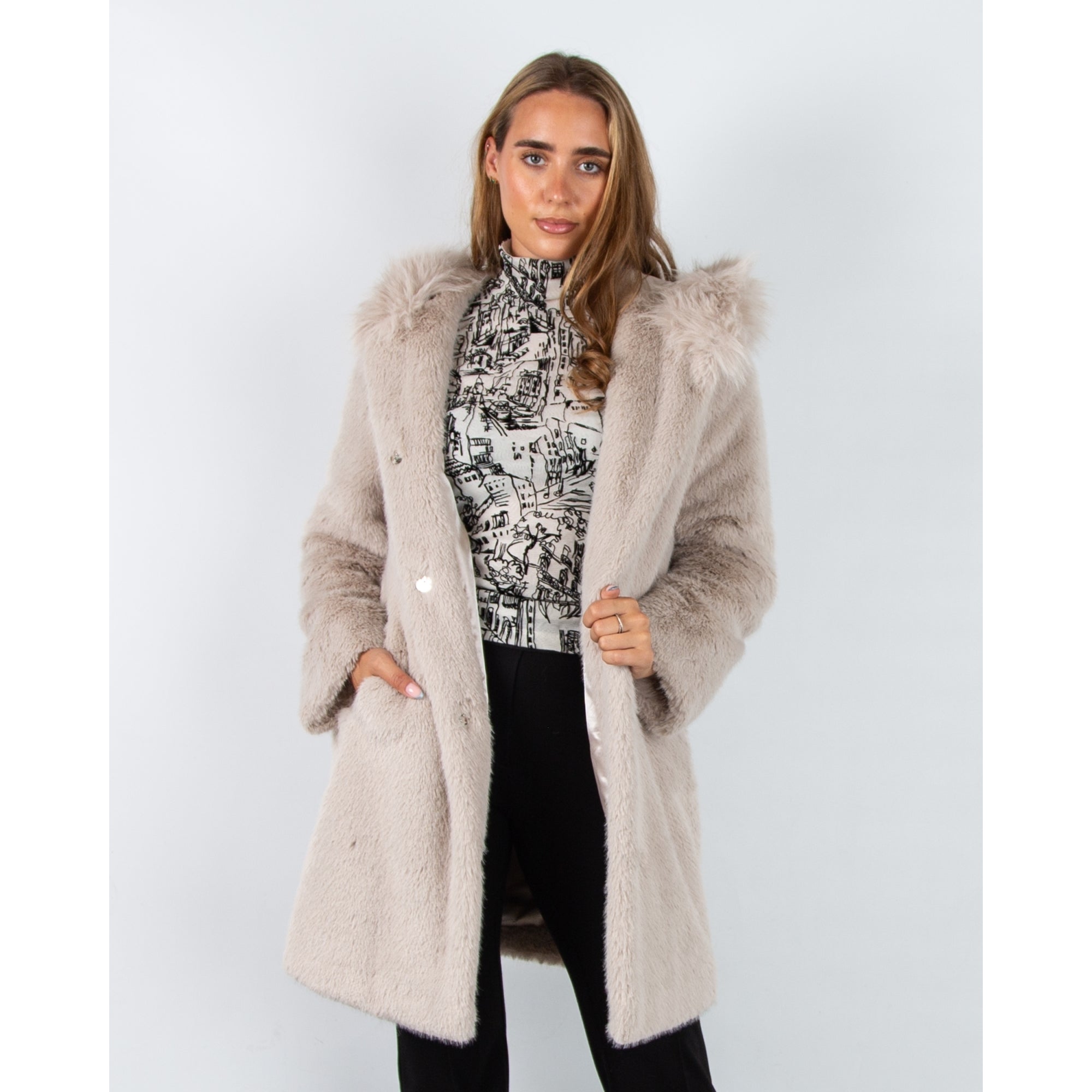 Marc Cain Outdoor Faux Fur Hooded Luxe Coat Oyster